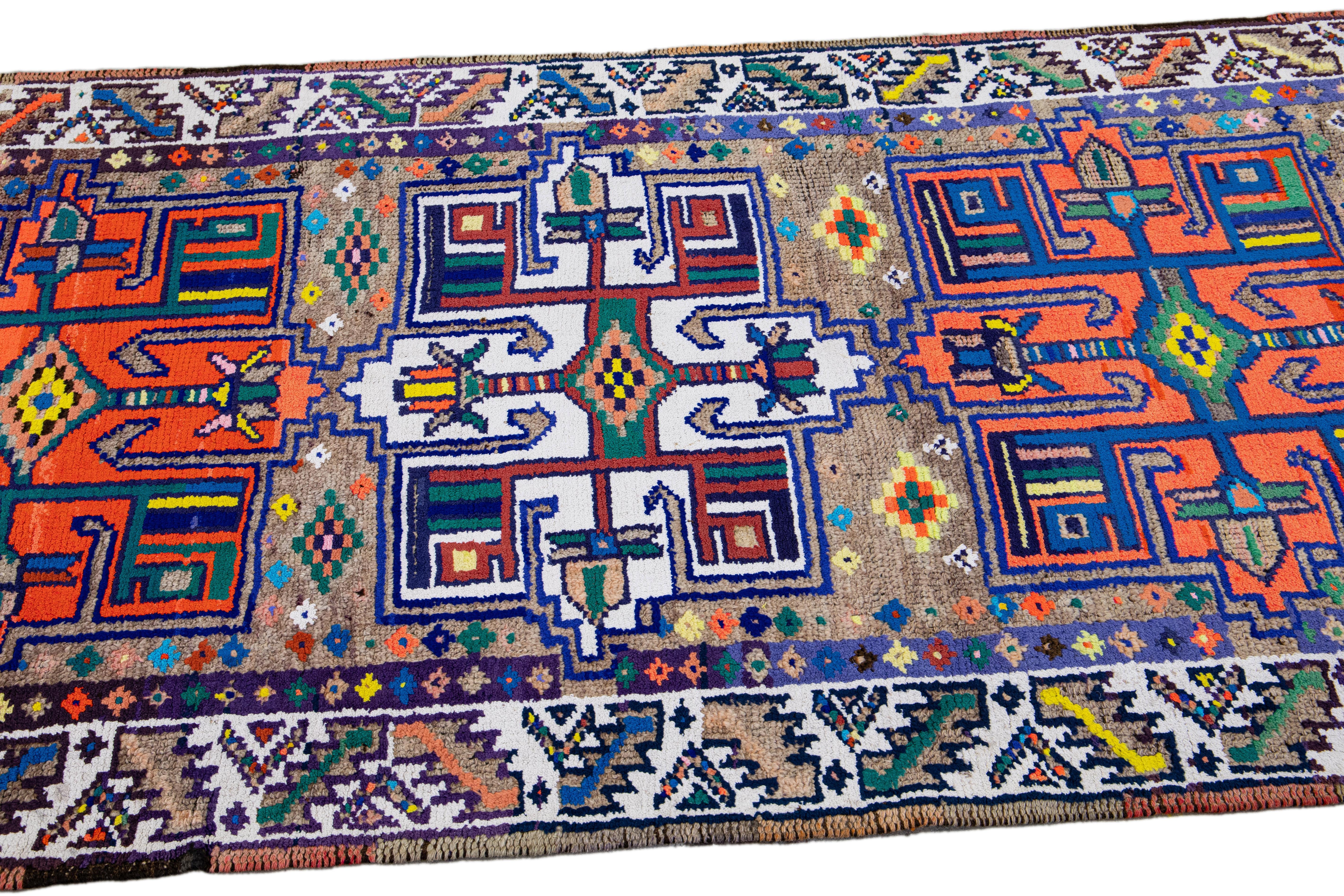 Tan Vintage Turkish Handmade Multicolor Tribal Pattern Wool Runner For Sale 2