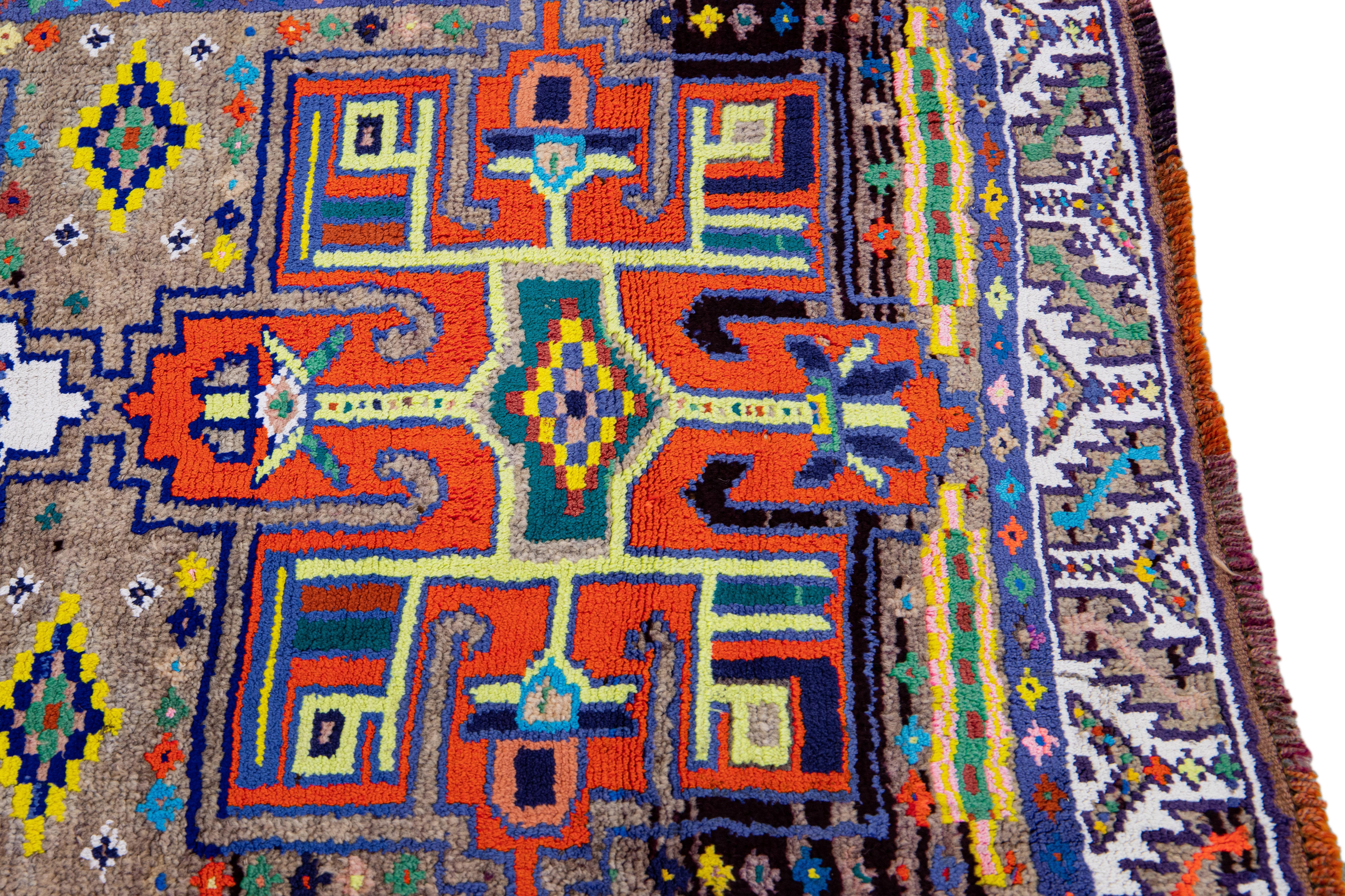 Tan Vintage Turkish Handmade Multicolor Tribal Pattern Wool Runner For Sale 3