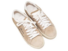 Tan & White Saint Laurent Suede Spellout Low-Top Sneakers Size 37.5