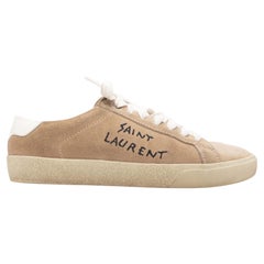 Tan & White Saint Laurent Suede Spellout Low-Top Sneakers Size 37.5