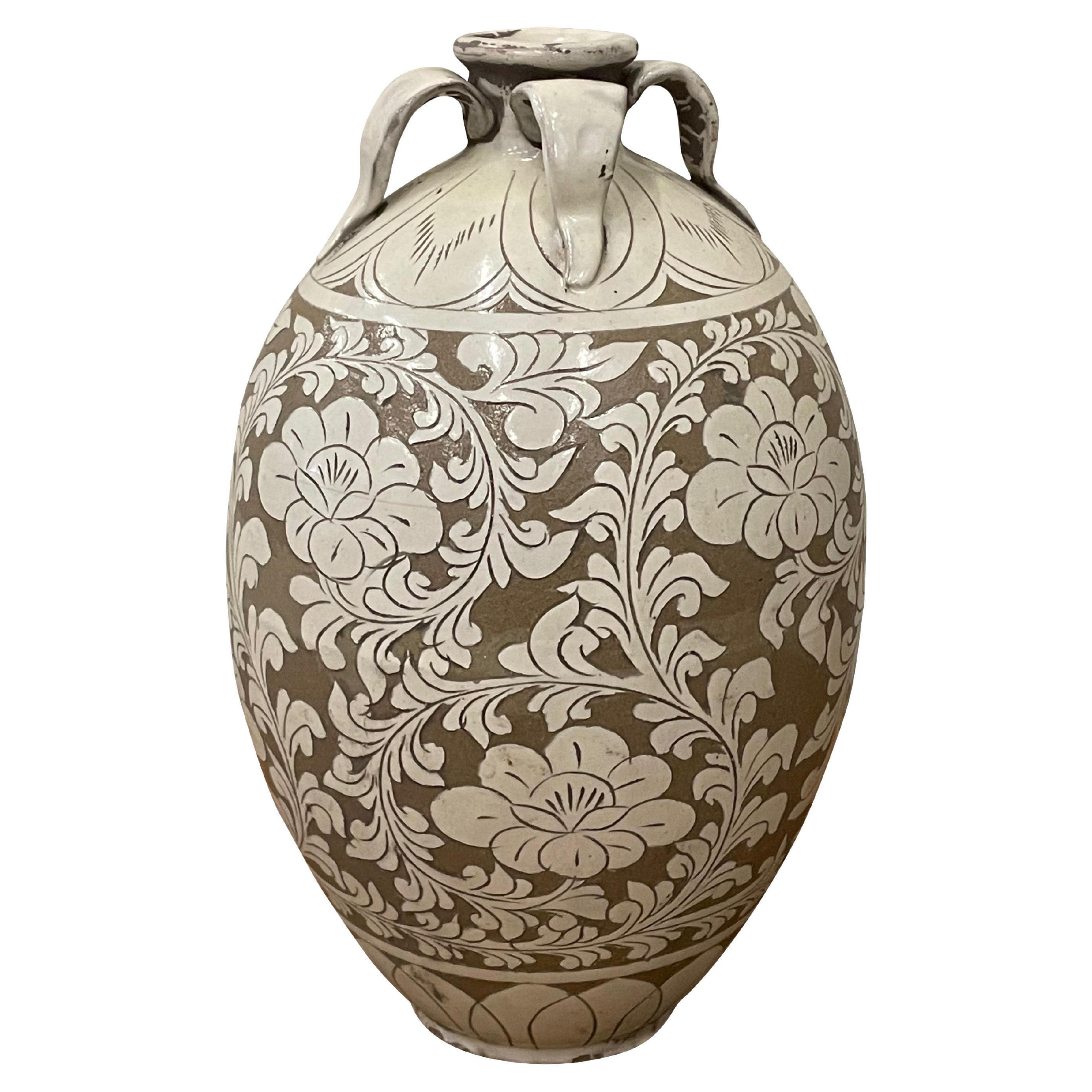 Contemporary Chinese tan ground with cream floral pattern overlay ceramic vase.
Four small handles at opening.
Part of a large collection