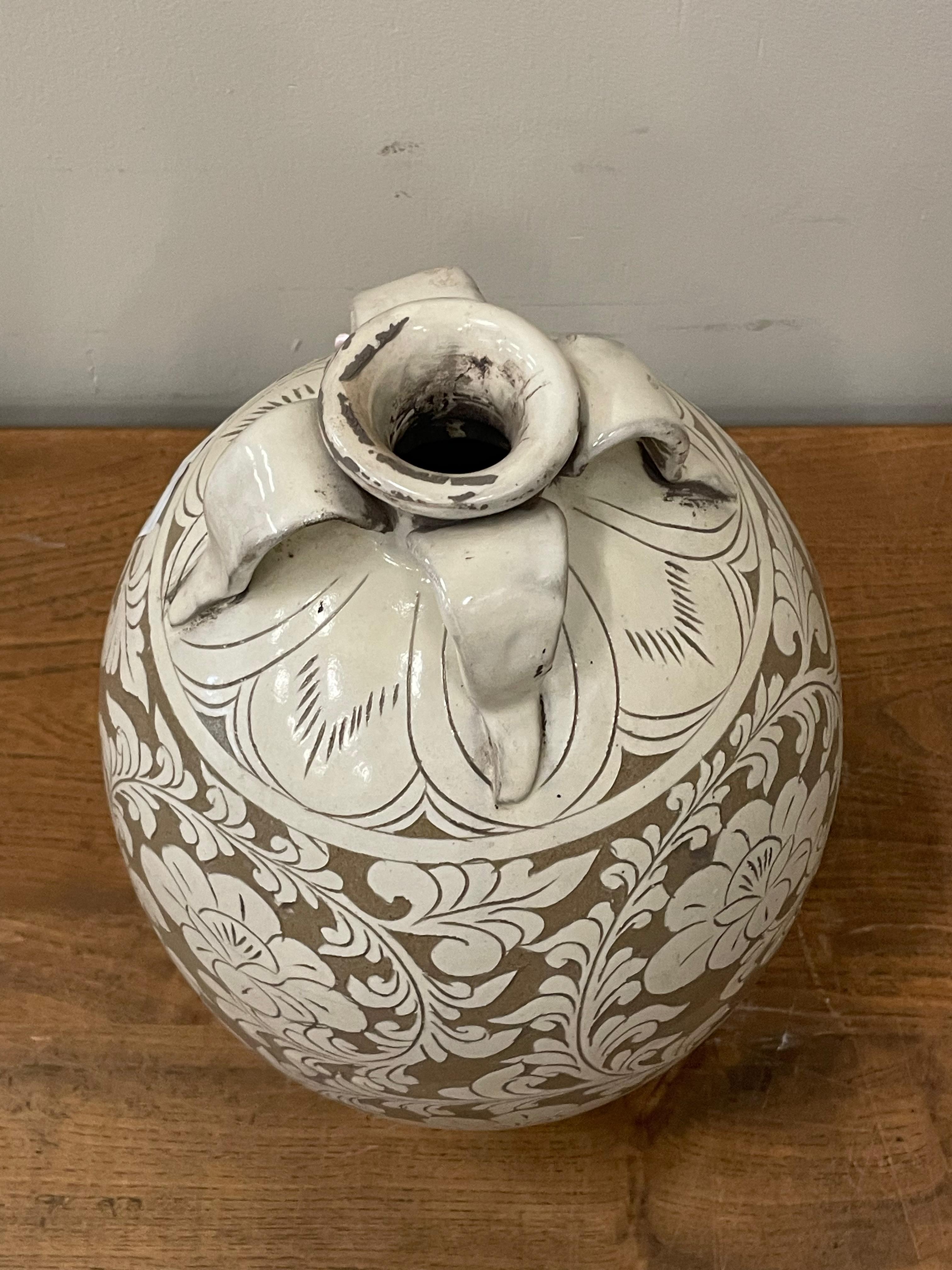 Ceramic Tan With Cream Floral Embossed Four Handled Vase, China, Contemporary For Sale