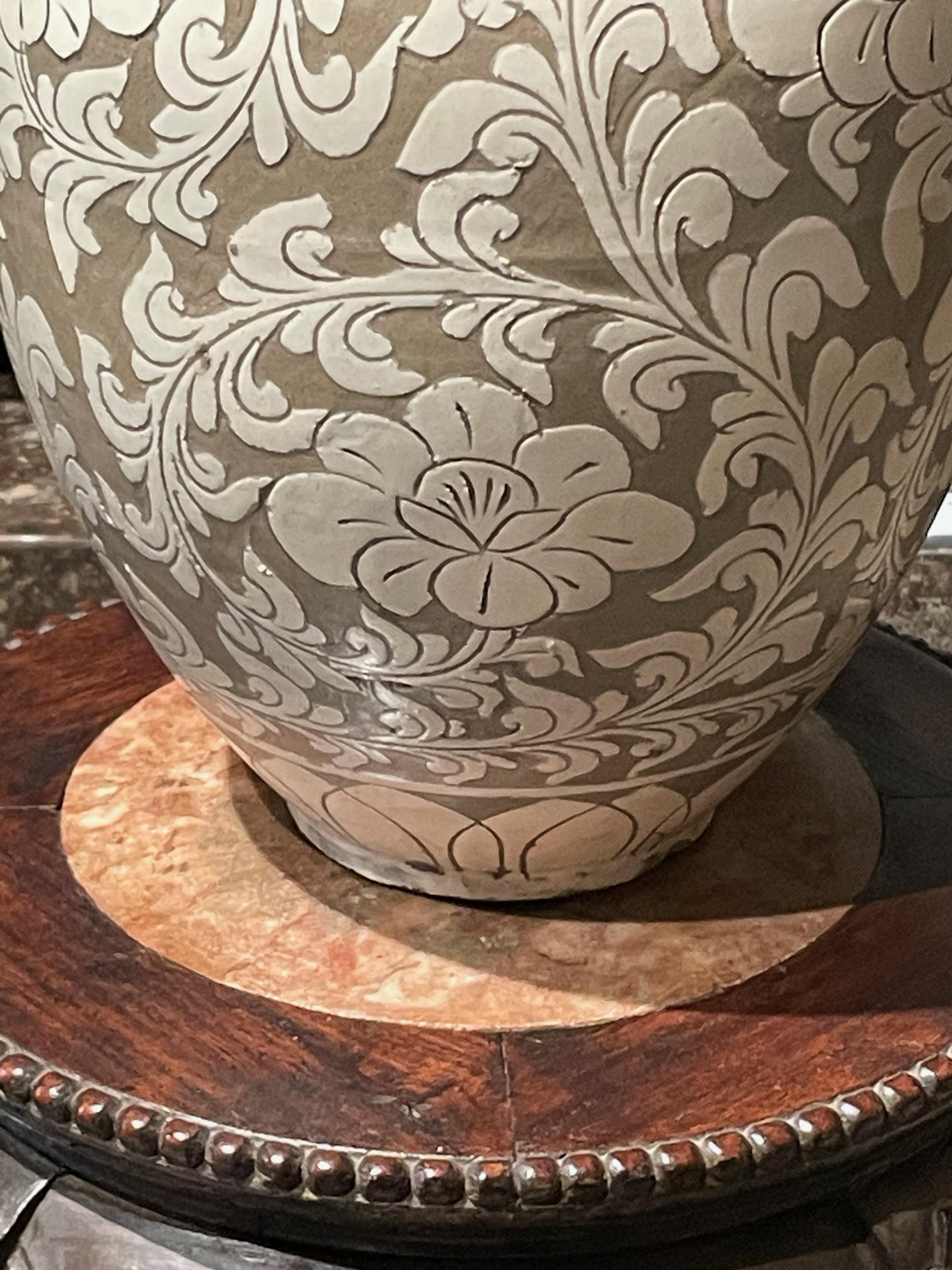 Tan with Cream Floral Pattern Vase, China, Contemporary In New Condition For Sale In New York, NY
