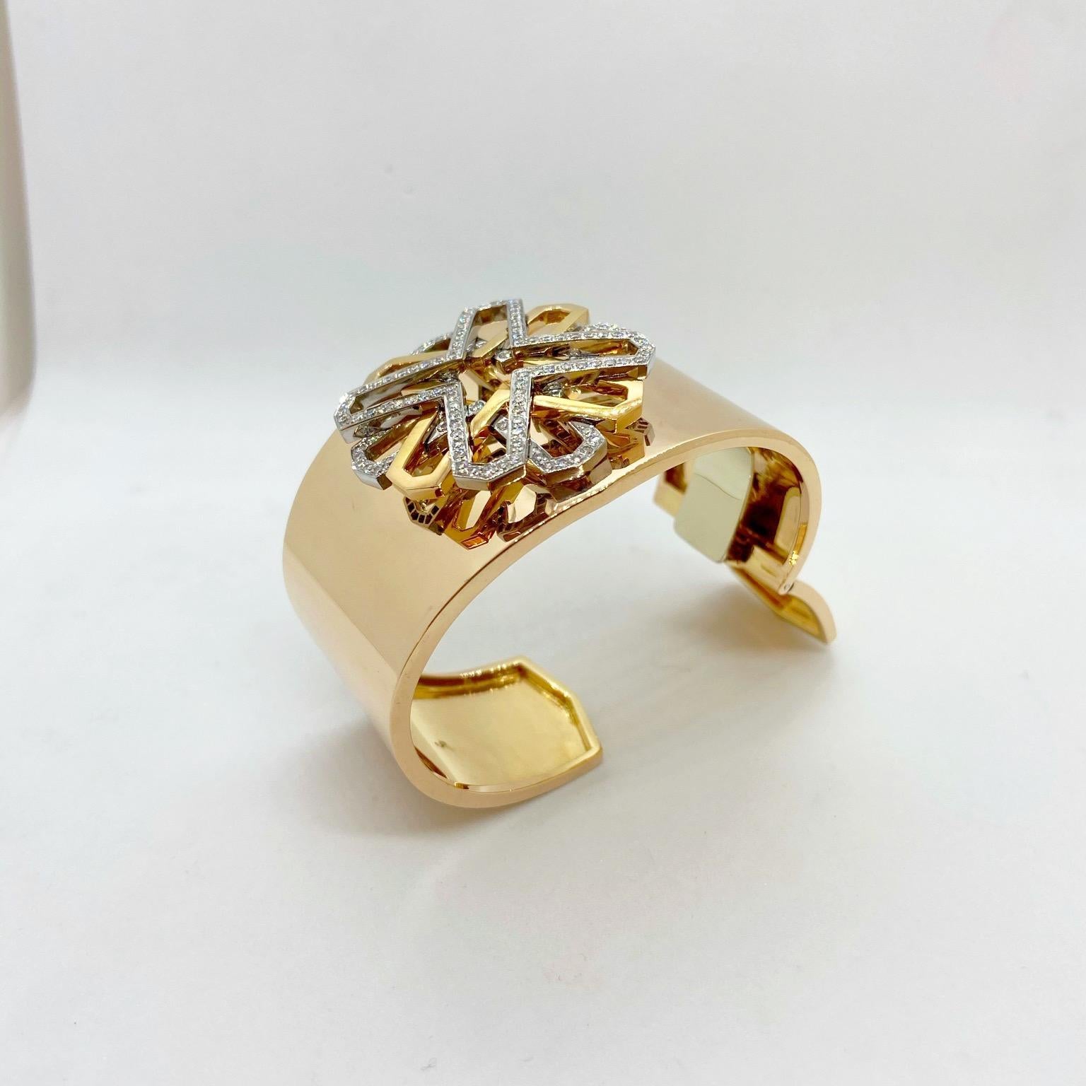Modern Tanagro 18 Karat Rose Gold and 1.25 Carat Diamond Wide Cuff Bracelet For Sale