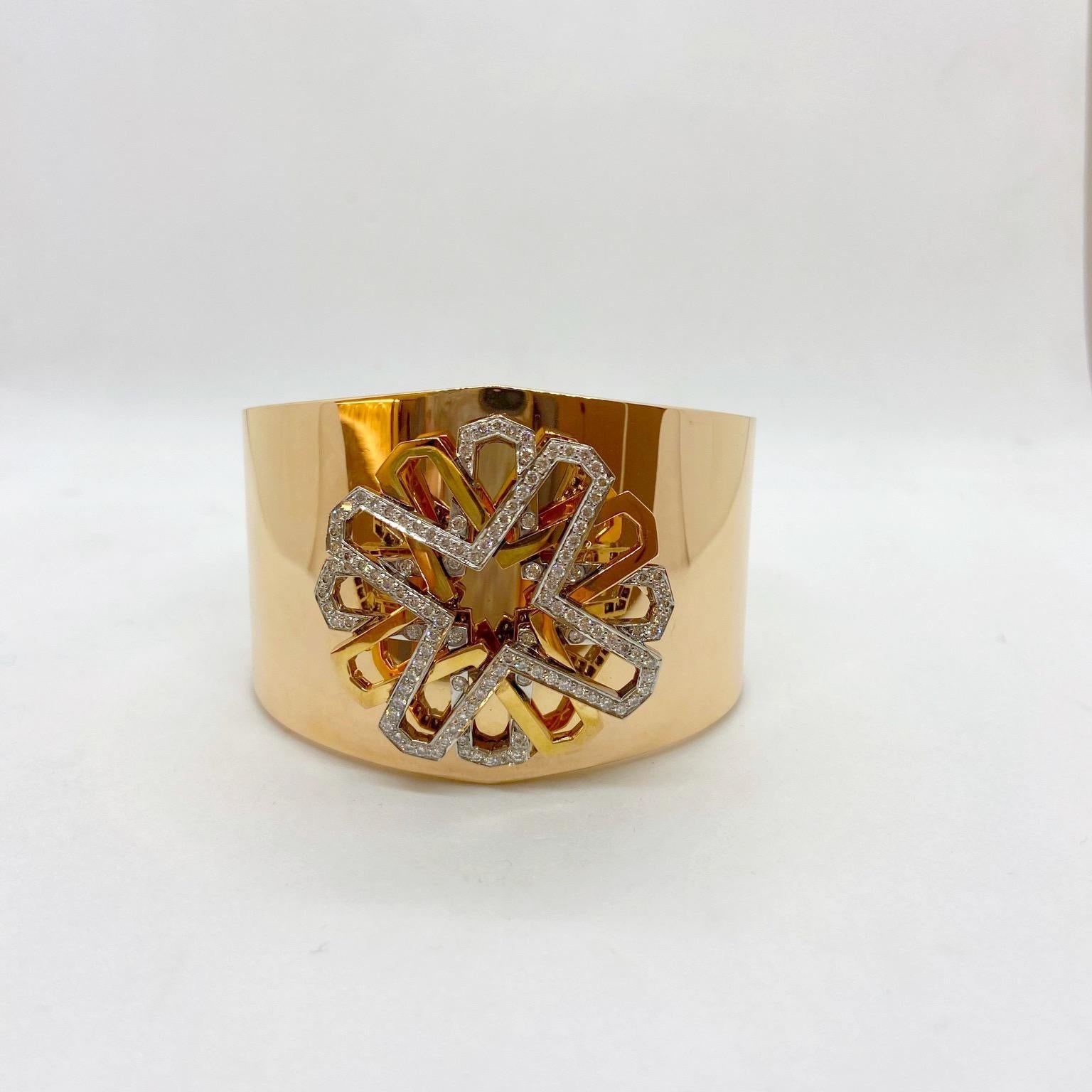 Round Cut Tanagro 18 Karat Rose Gold and 1.25 Carat Diamond Wide Cuff Bracelet For Sale