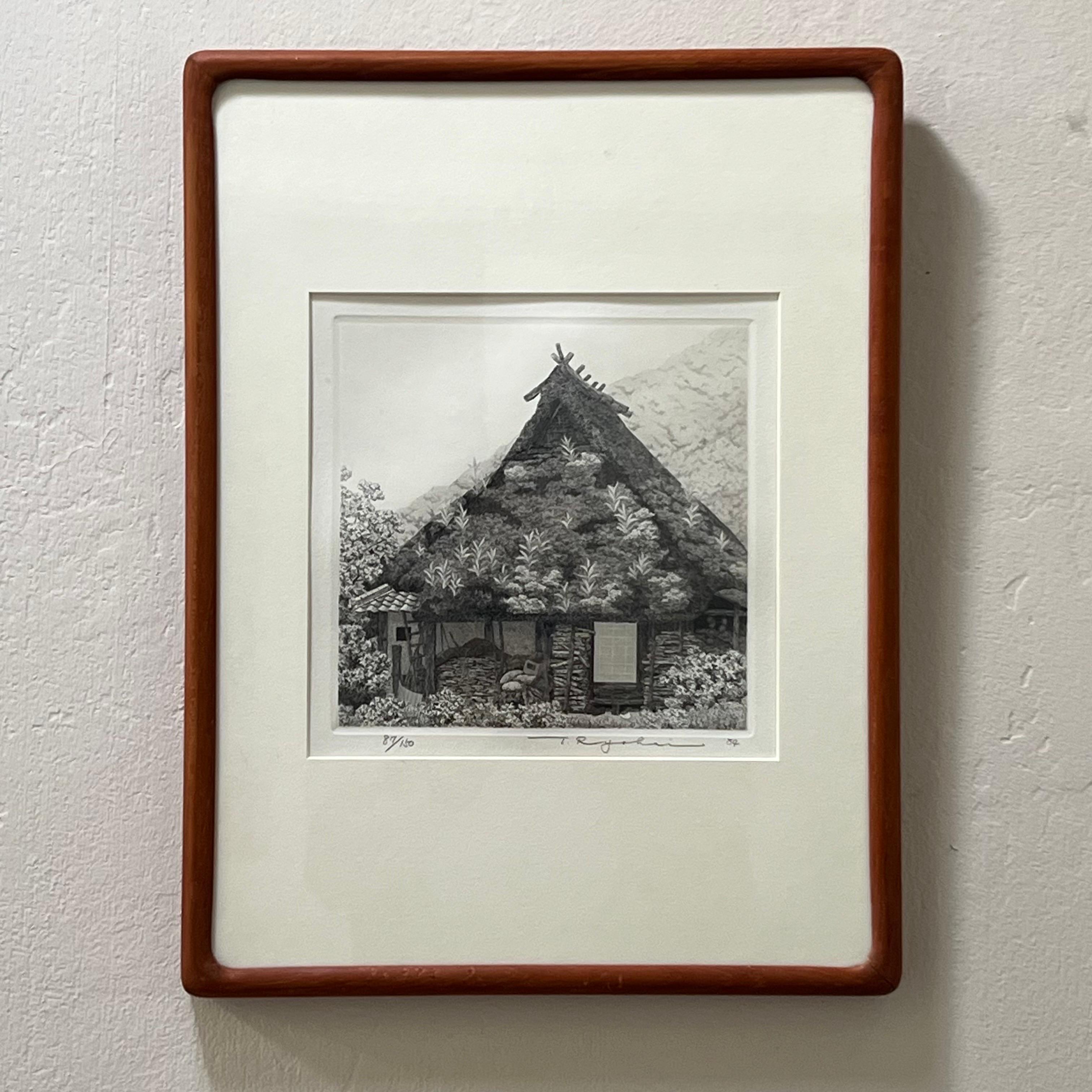 Incredibly detailed Ryohei Tanaka etching of a structure on the Japan countryside c1984. Beautifully framed and matted in a custom rounded edge teak frame.

Ryohei Tanaka (1933-2019) was world renowned for his intricate black and white etchings of
