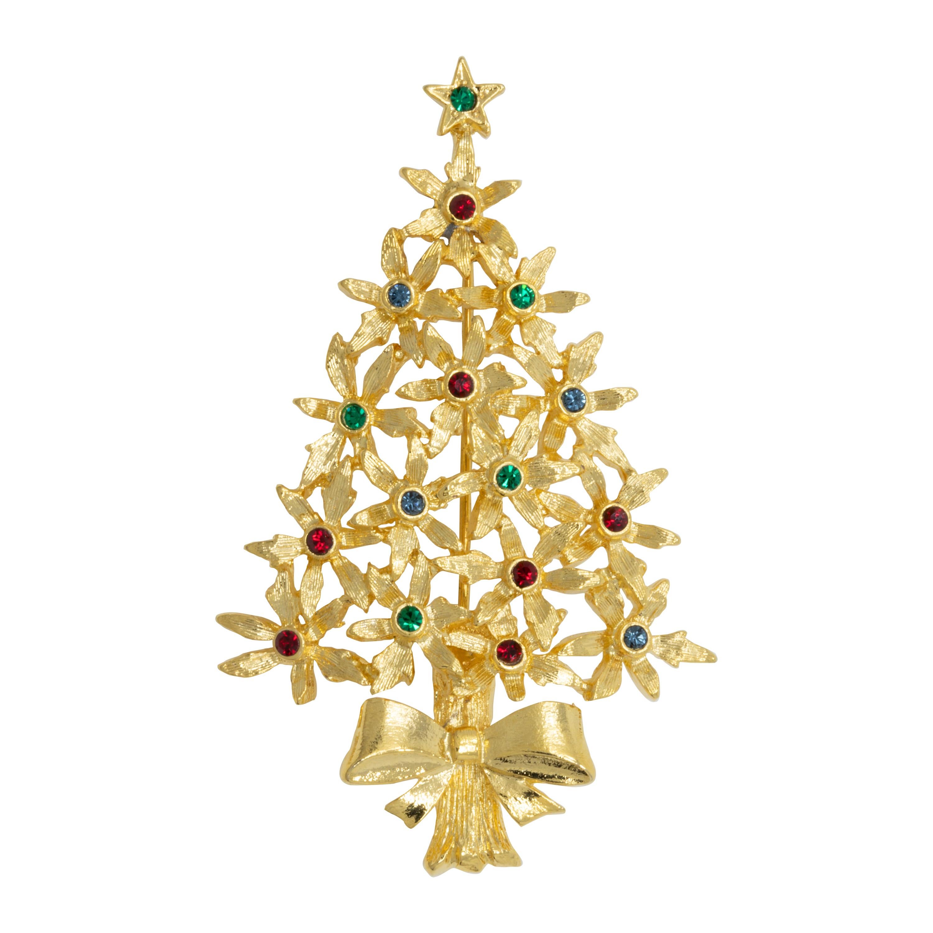 Tancer II Gold Christmas Tree Brooch, Festive Crystal Decorated Conifer Pin