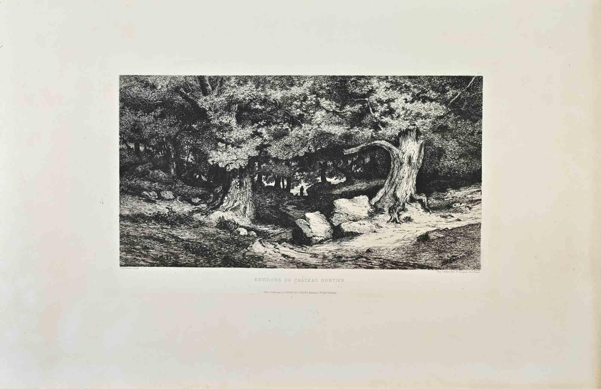 Environs de Chateau Gontier is a black and white etching realized by Tancrède Abraham in 1870s.

Titled in the lower.

Image size: 32.5cmx17cm.

Good condition.

Signed on the lower right.

Realized by Cadart for the "Société des Aquafortistes. Born