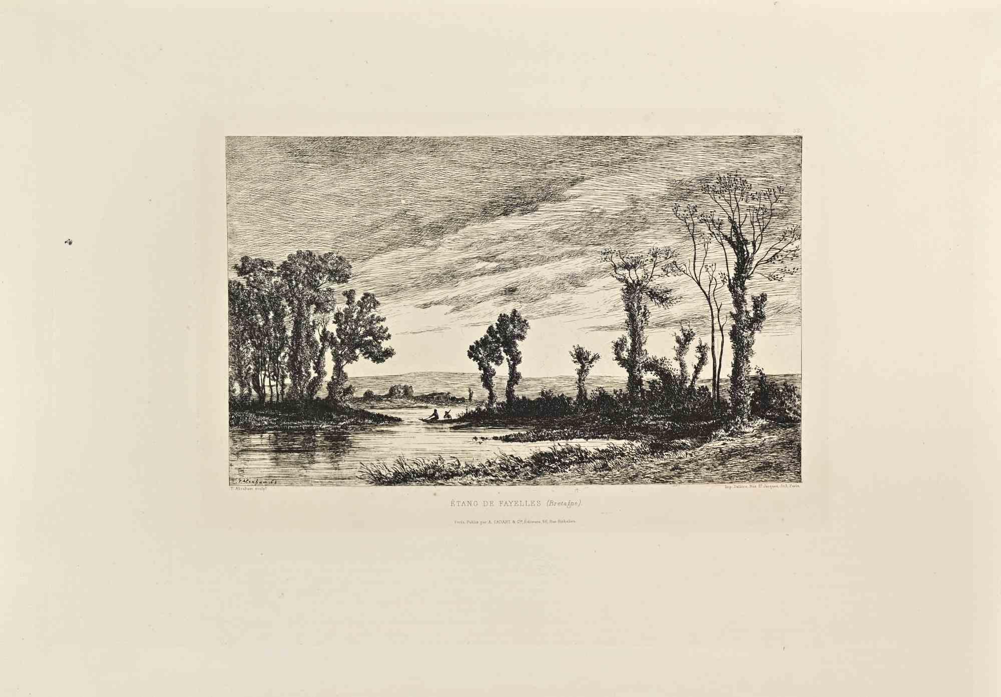 Etang de Fayelles ist eine Schwarz-Weiß-Radierung von Tancrède Abraham aus den 1860er Jahren. 

Im unteren Teil betitelt

Bildgröße: 21x32

Sehr guter Eindruck.

Realisiert für die "Société des Aquafortistes". Die auf Initiative des Verlegers Alfred