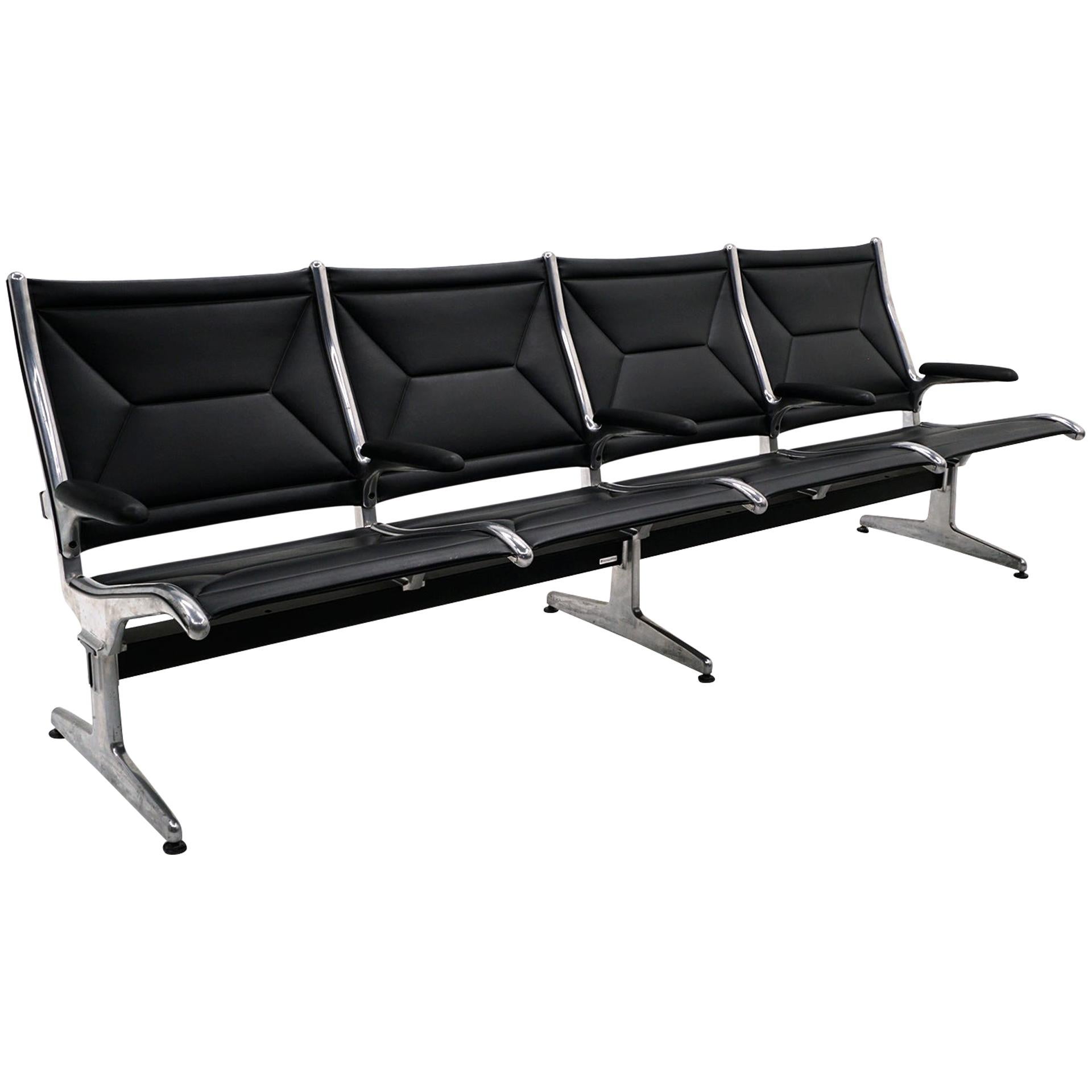 Tandem Airport Seating for Four by Charles & Ray Eames, Black Leather, Aluminum