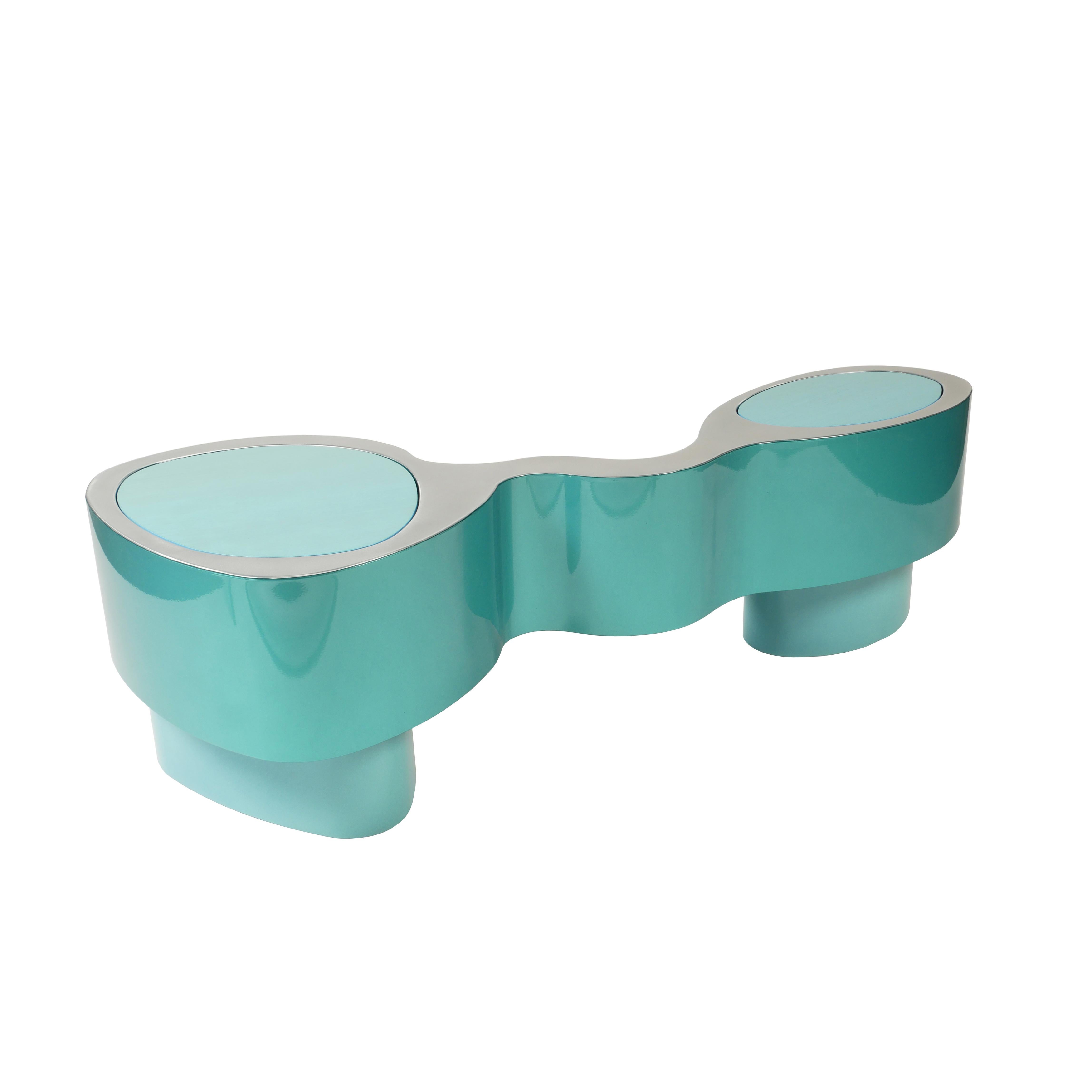 Tandem Bench by Bert Furnari, Powder-Coated Aluminum, Oak Plywood, Wool Cushions For Sale 6