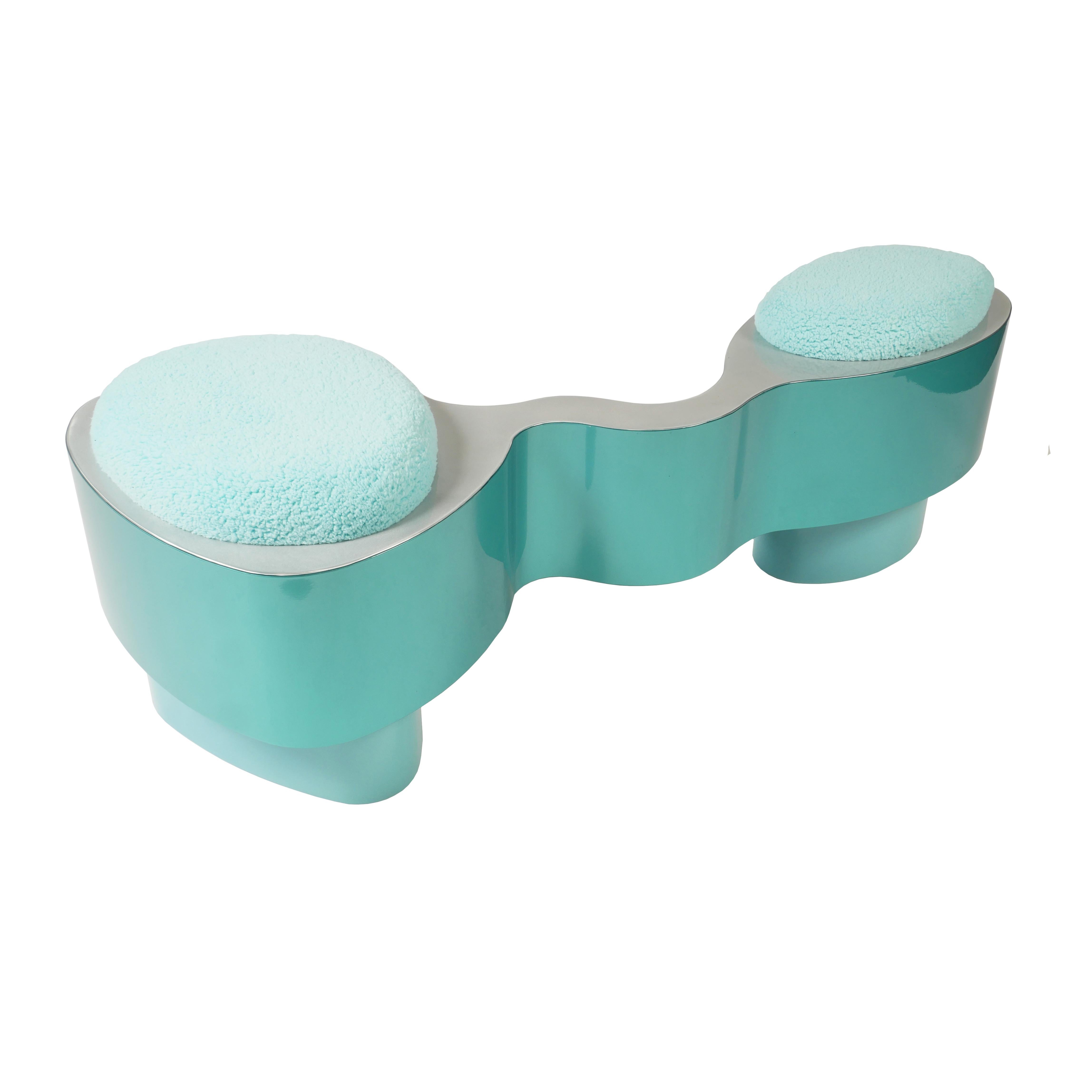 Tandem Bench by Bert Furnari, Powder-Coated Aluminum, Oak Plywood, Wool Cushions For Sale 3