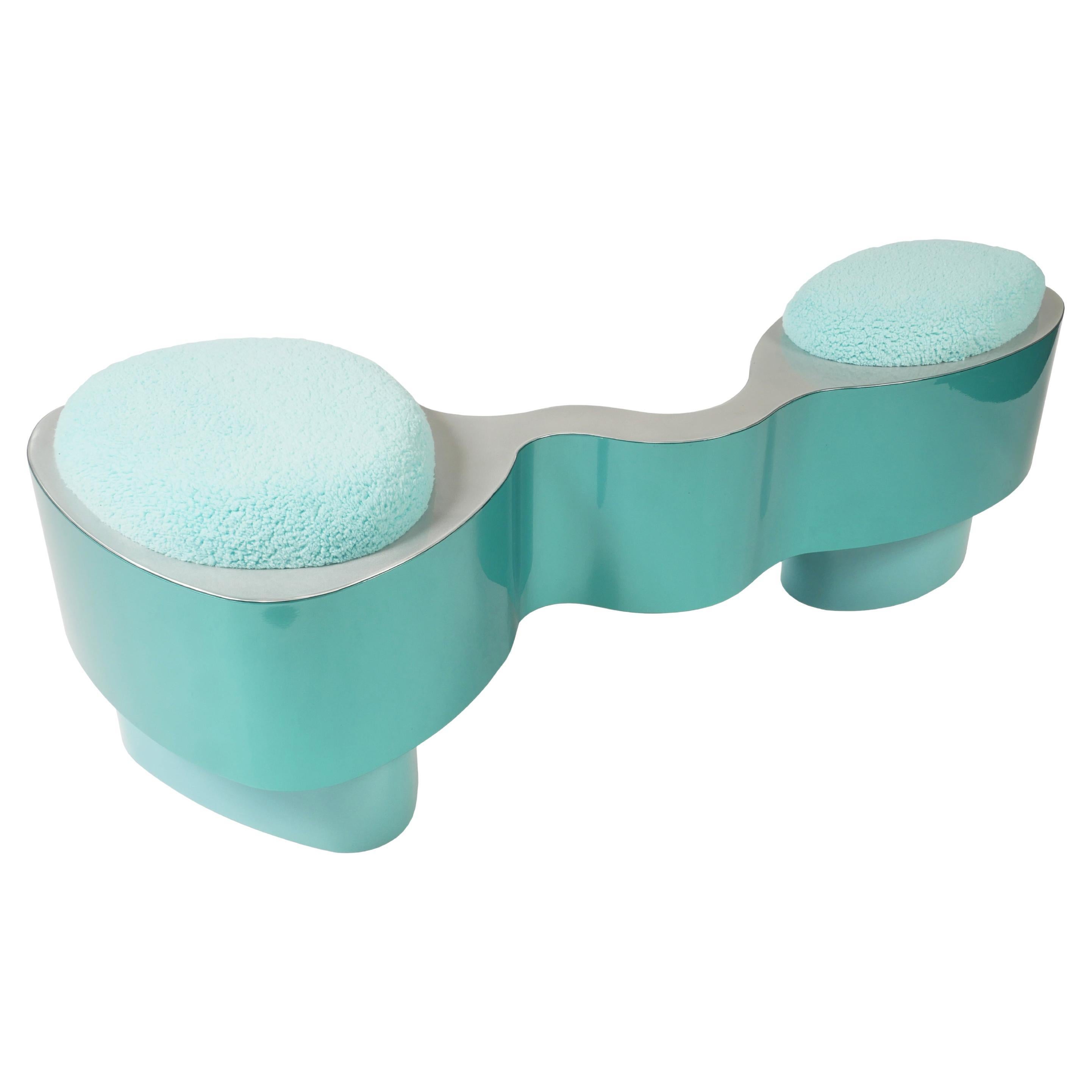 Contemporary Bench in Blue by Bert Furnari Aluminum with Faux Shearling Cushions For Sale