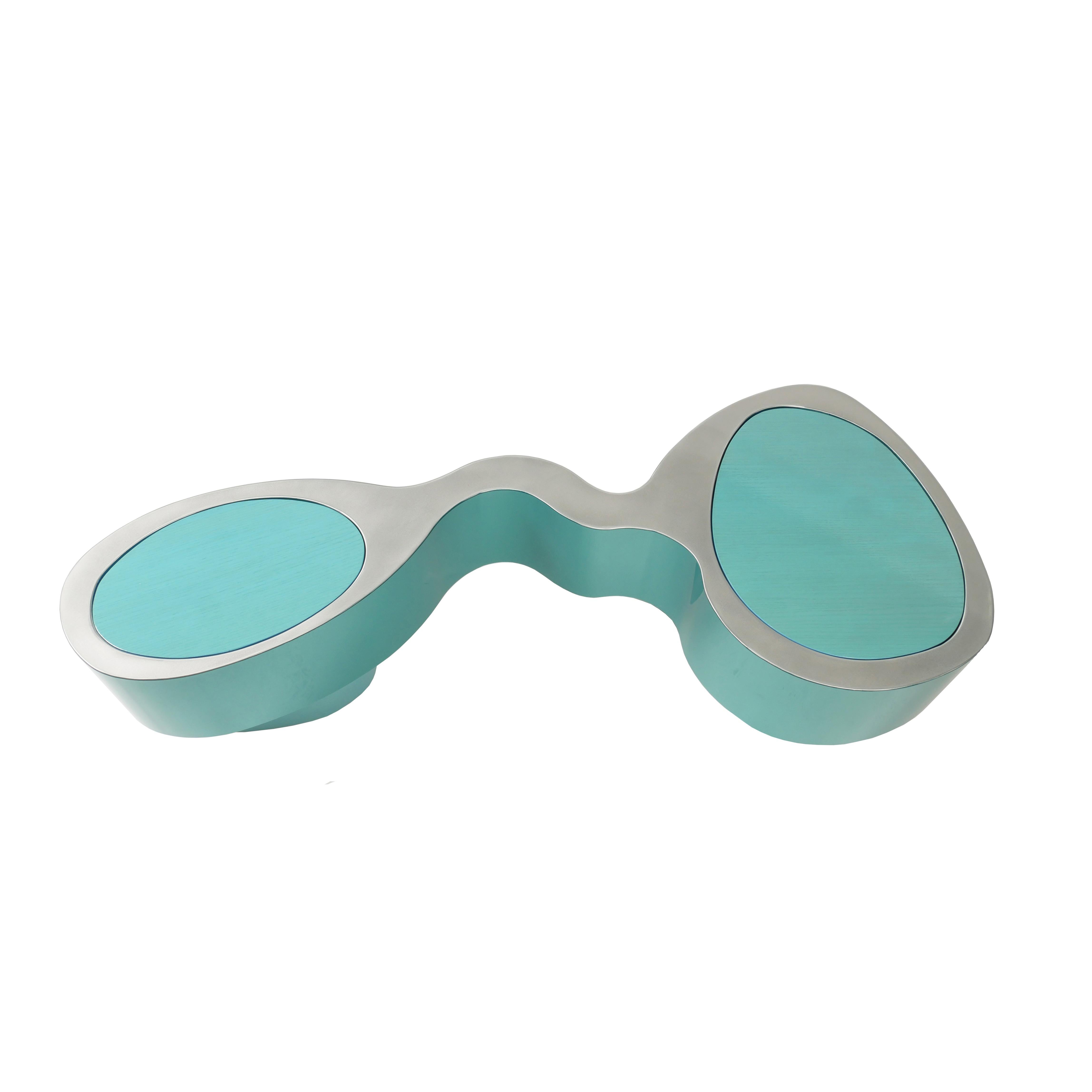 Tandem Blaue Bank von Bert Furnari Pulverbeschichtetes Aluminium Eiche Sperrholz Kissen aus Wolle im Angebot 5