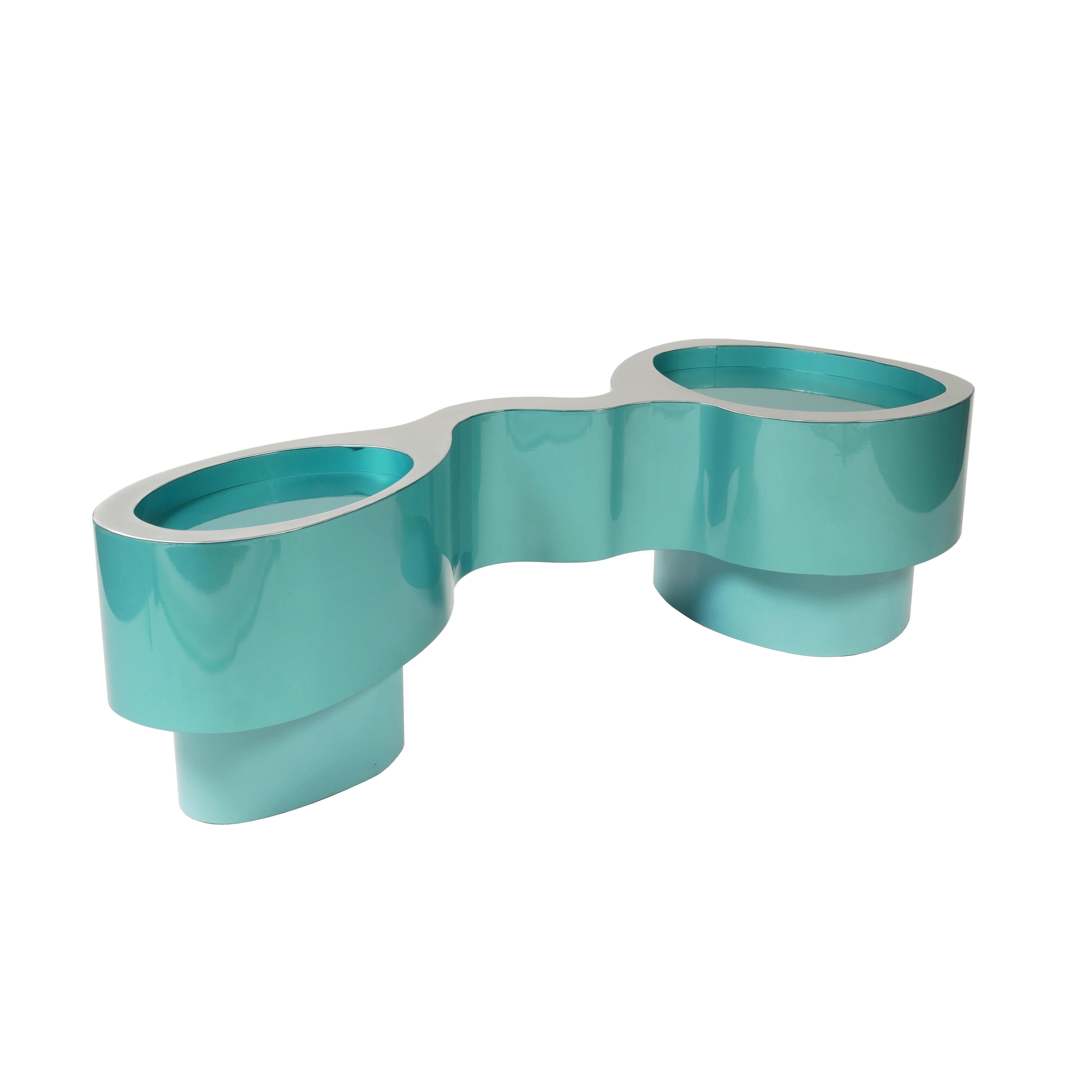 Tandem Blaue Bank von Bert Furnari Pulverbeschichtetes Aluminium Eiche Sperrholz Kissen aus Wolle (21. Jahrhundert und zeitgenössisch) im Angebot