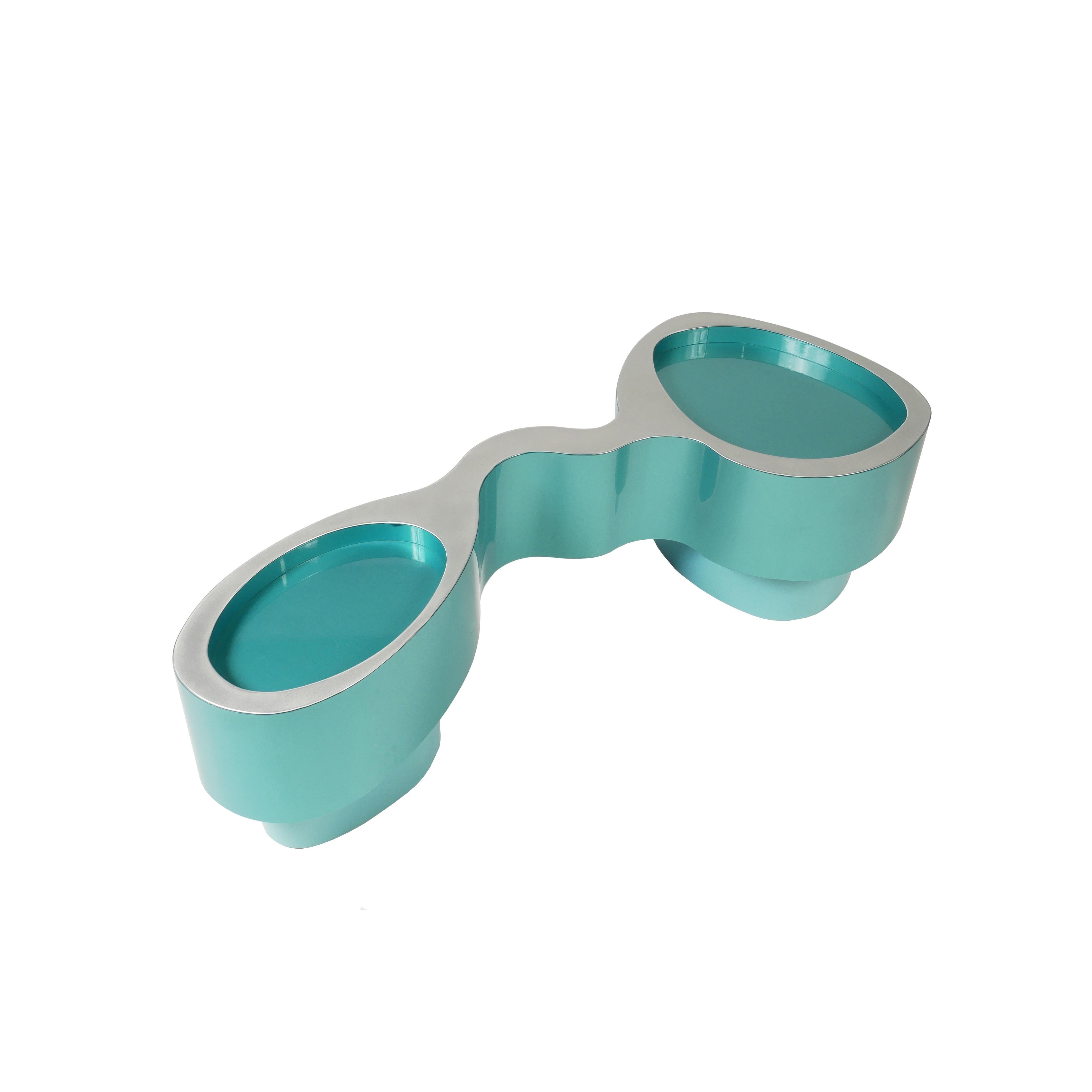 Tandem Blaue Bank von Bert Furnari Pulverbeschichtetes Aluminium Eiche Sperrholz Kissen aus Wolle im Angebot 1