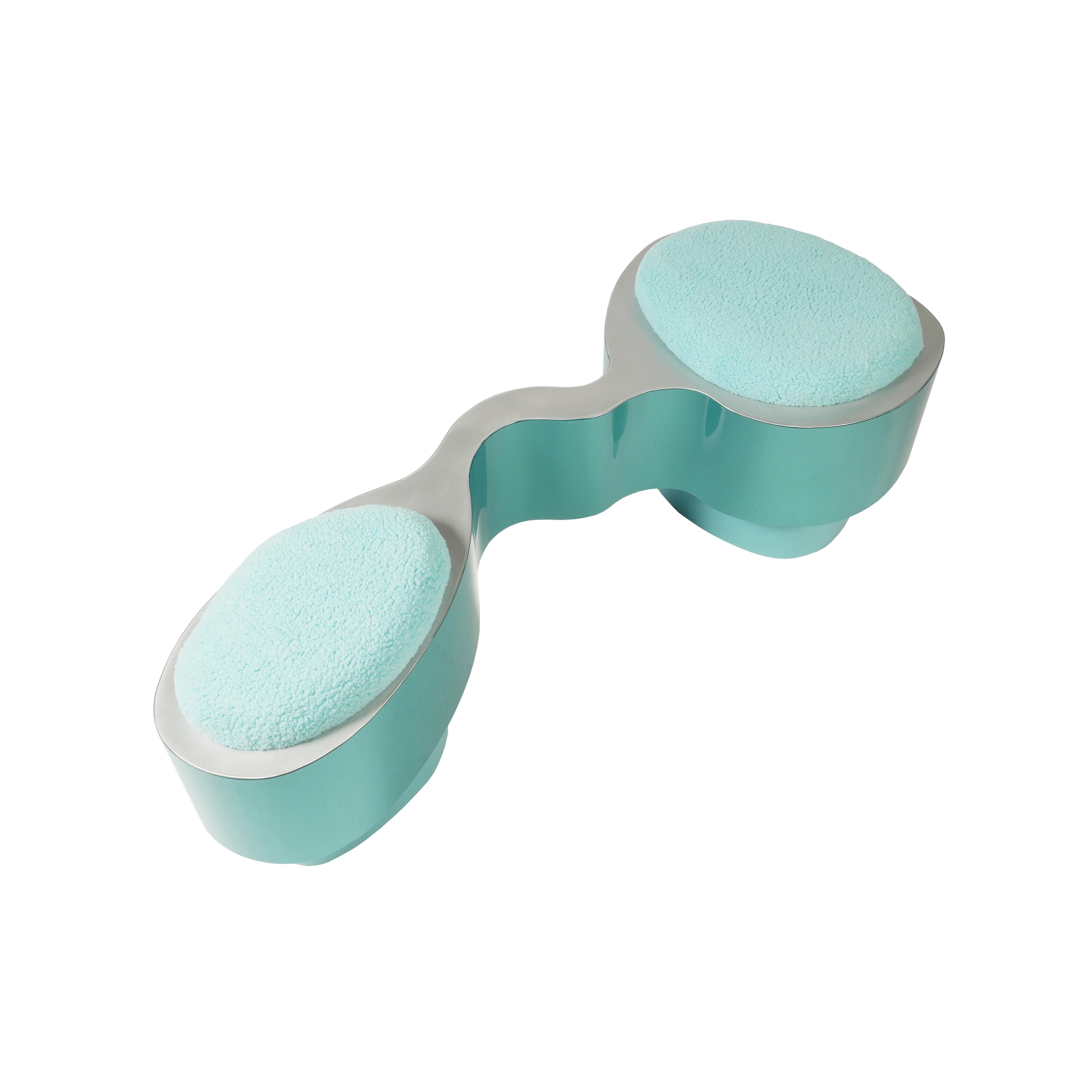 Tandem Blaue Bank von Bert Furnari Pulverbeschichtetes Aluminium Eiche Sperrholz Kissen aus Wolle im Angebot 2