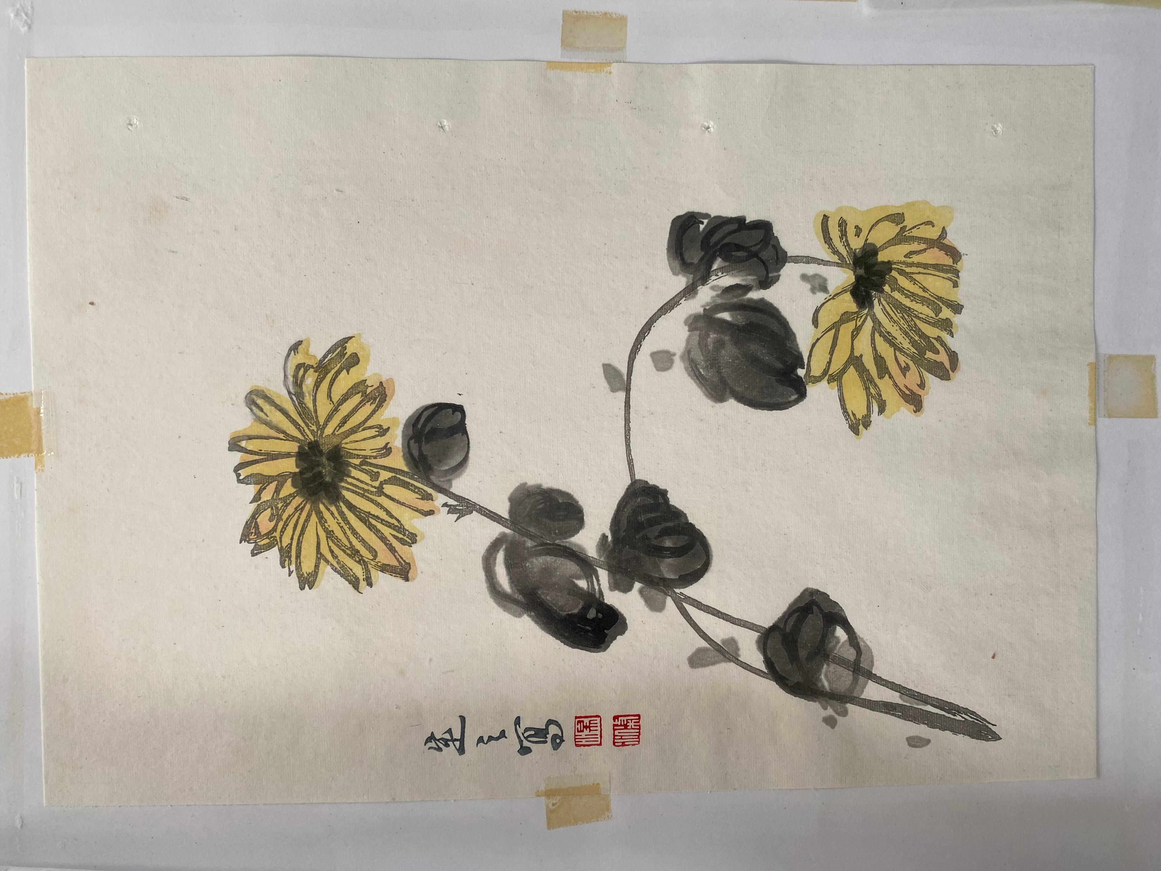 Tang dingzhi  Chrysanthemums  Wood engraving  1955 In Good Condition For Sale In Saint ouen, FR