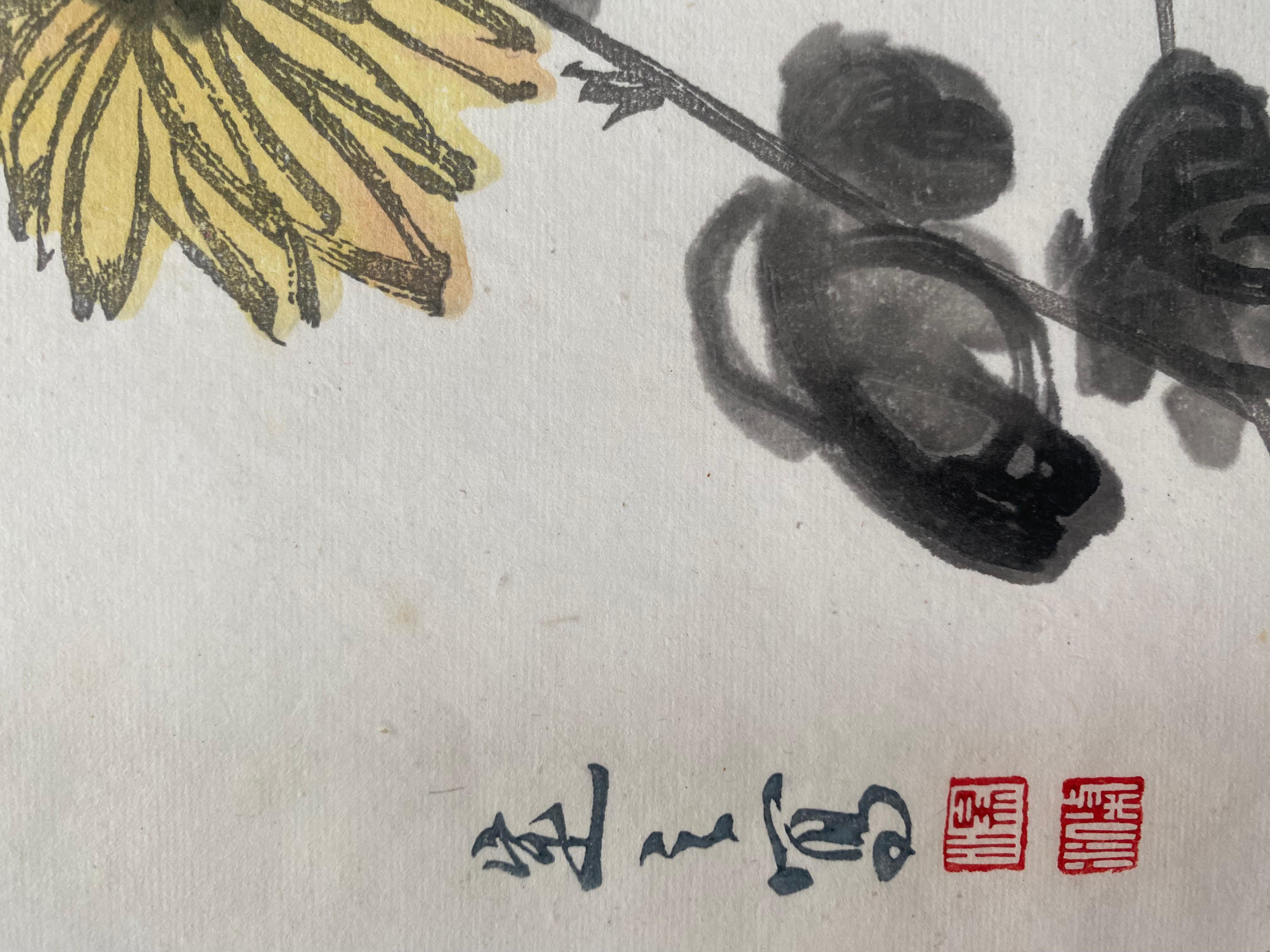 Mid-20th Century Tang dingzhi  Chrysanthemums  Wood engraving  1955 For Sale