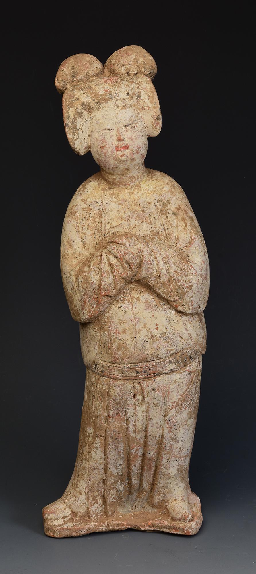 Antique Chinese painted pottery fat lady with original pigments remaining.
Thermoluminescence (TL) test result from Oxford Authentication Ltd. is included.

Age: China, Tang Dynasty, A.D. 618 - 907
Size: Height 34.6 C.M. / Width 11.5 C.M. / Depth