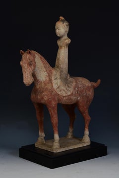 Tang Dynasty, Antique Chinese Painted Pottery Horse and Court Lady