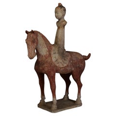 Tang Dynasty, Antique Chinese Painted Pottery Horse and Court Lady