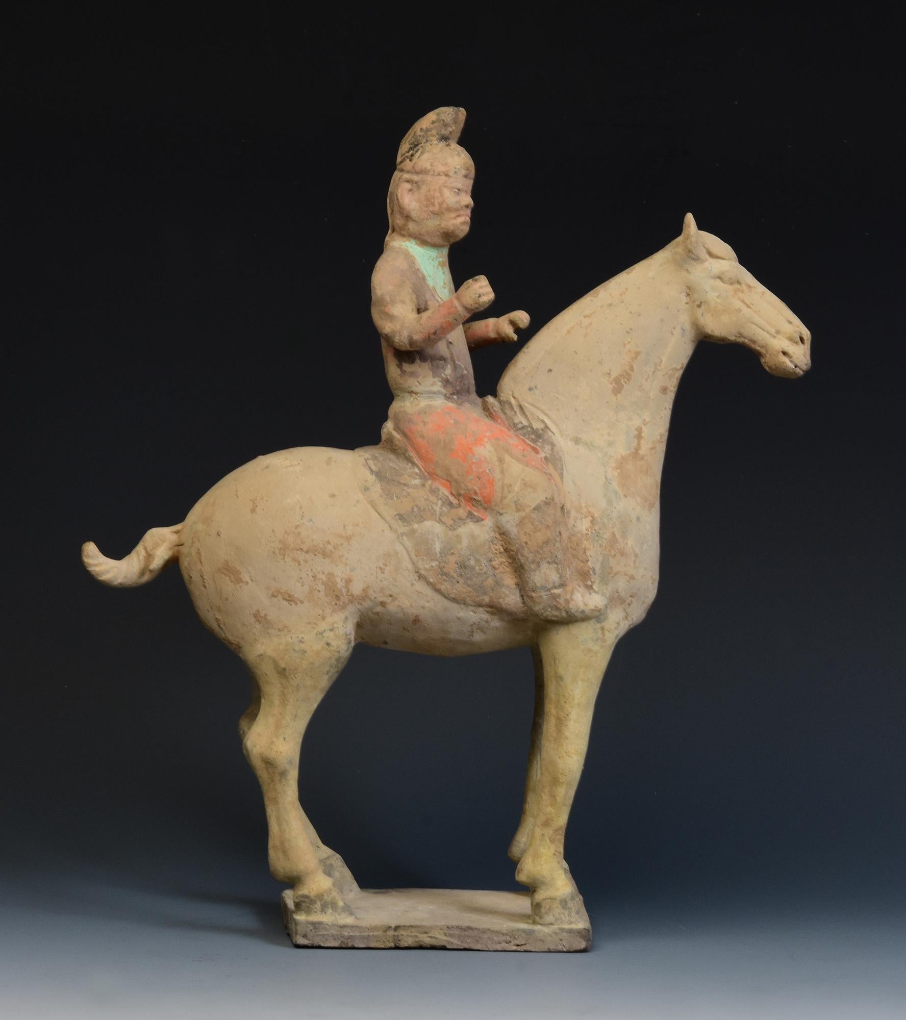Tang Dynasty, Antique Chinese Painted Pottery Horse and Rider 7
