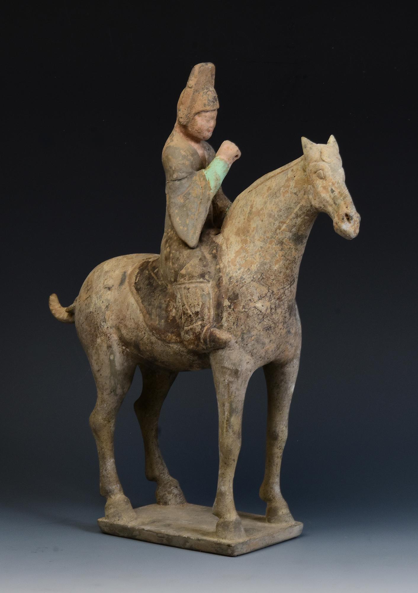 Dynasty Tang, Antiquités chinoises en poterie peinte Cheval et cavalier 5