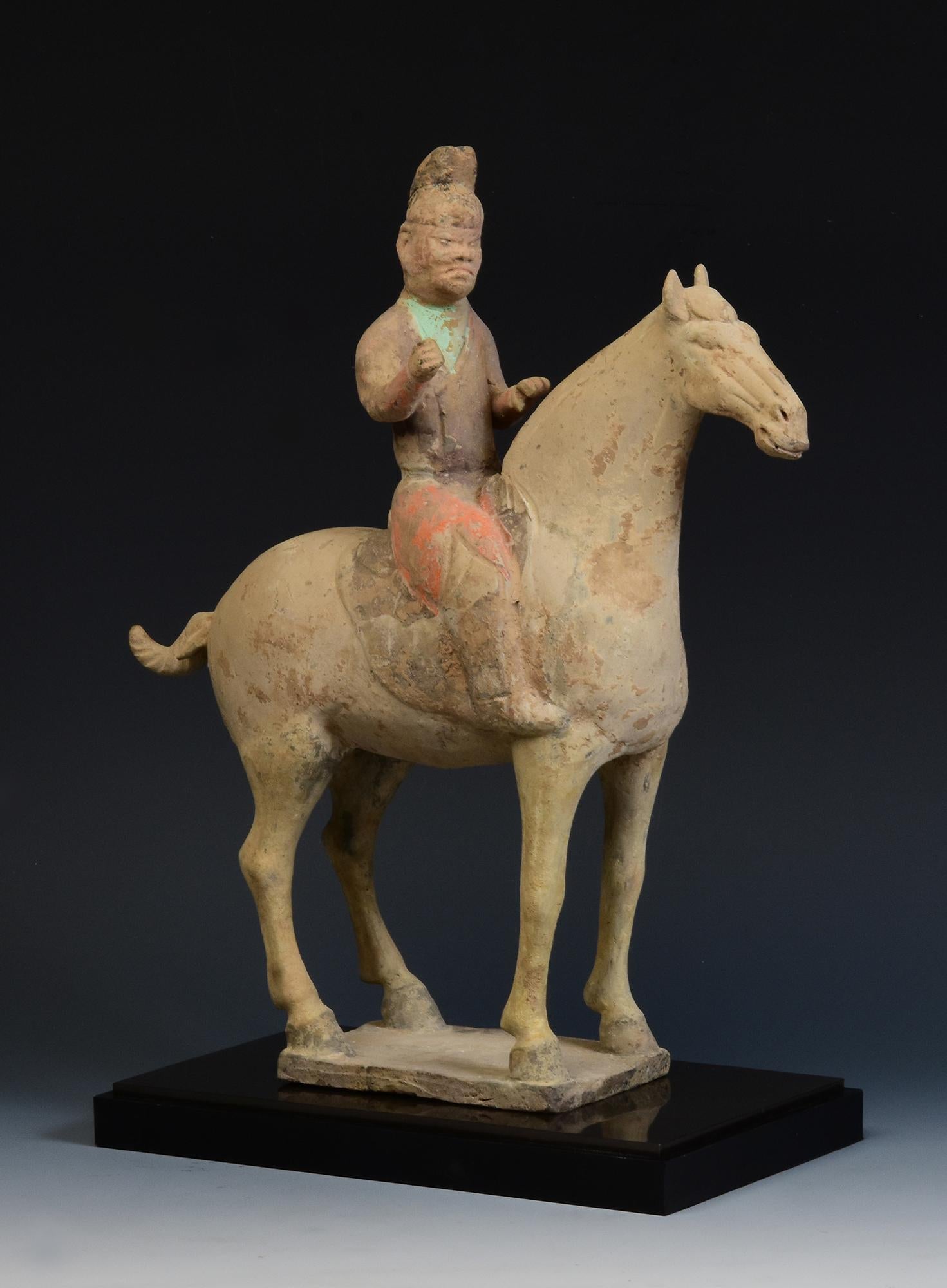 Tang Dynasty, Antique Chinese Painted Pottery Horse and Rider For Sale 9