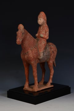 Tang Dynasty, Antique Chinese Painted Pottery Horse and Rider