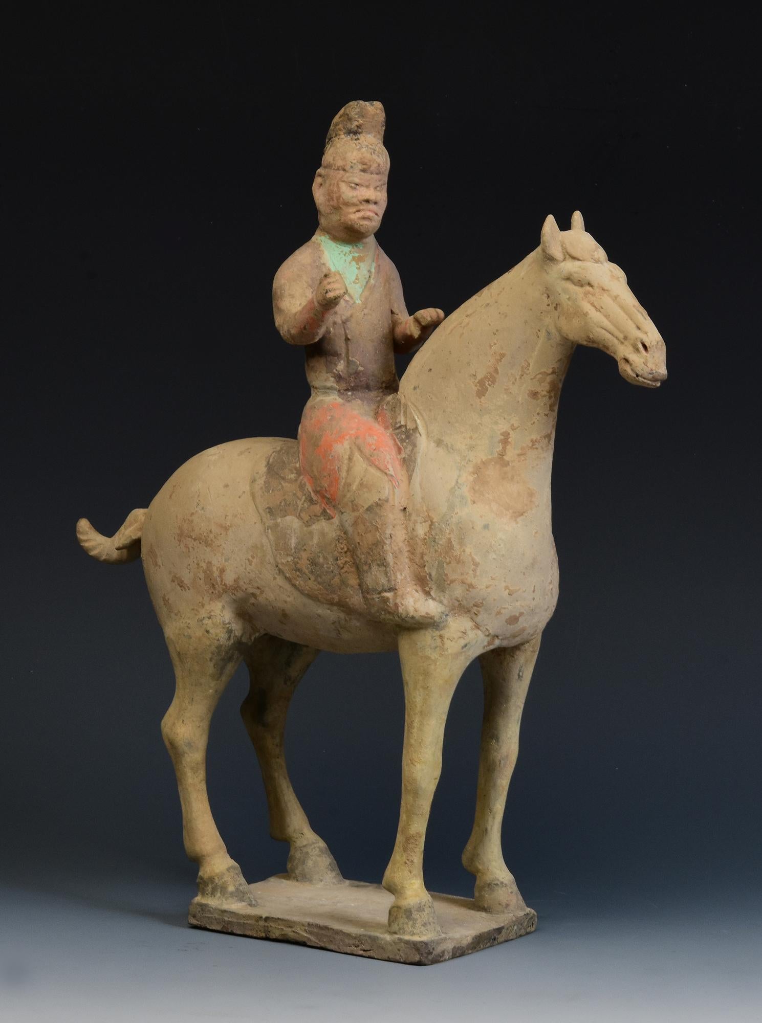 Hand-Carved Tang Dynasty, Antique Chinese Painted Pottery Horse and Rider