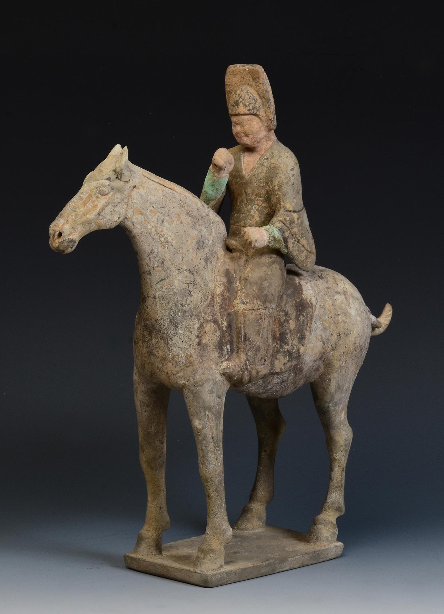 Chinois Dynasty Tang, Antiquités chinoises en poterie peinte Cheval et cavalier