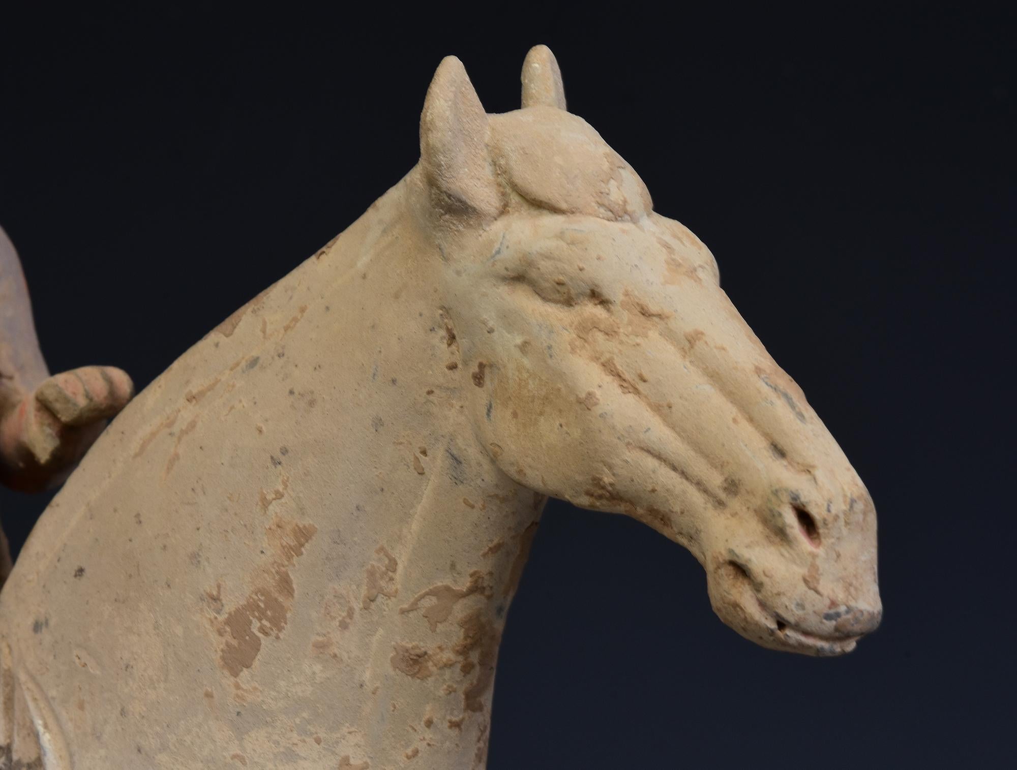 18th Century and Earlier Tang Dynasty, Antique Chinese Painted Pottery Horse and Rider