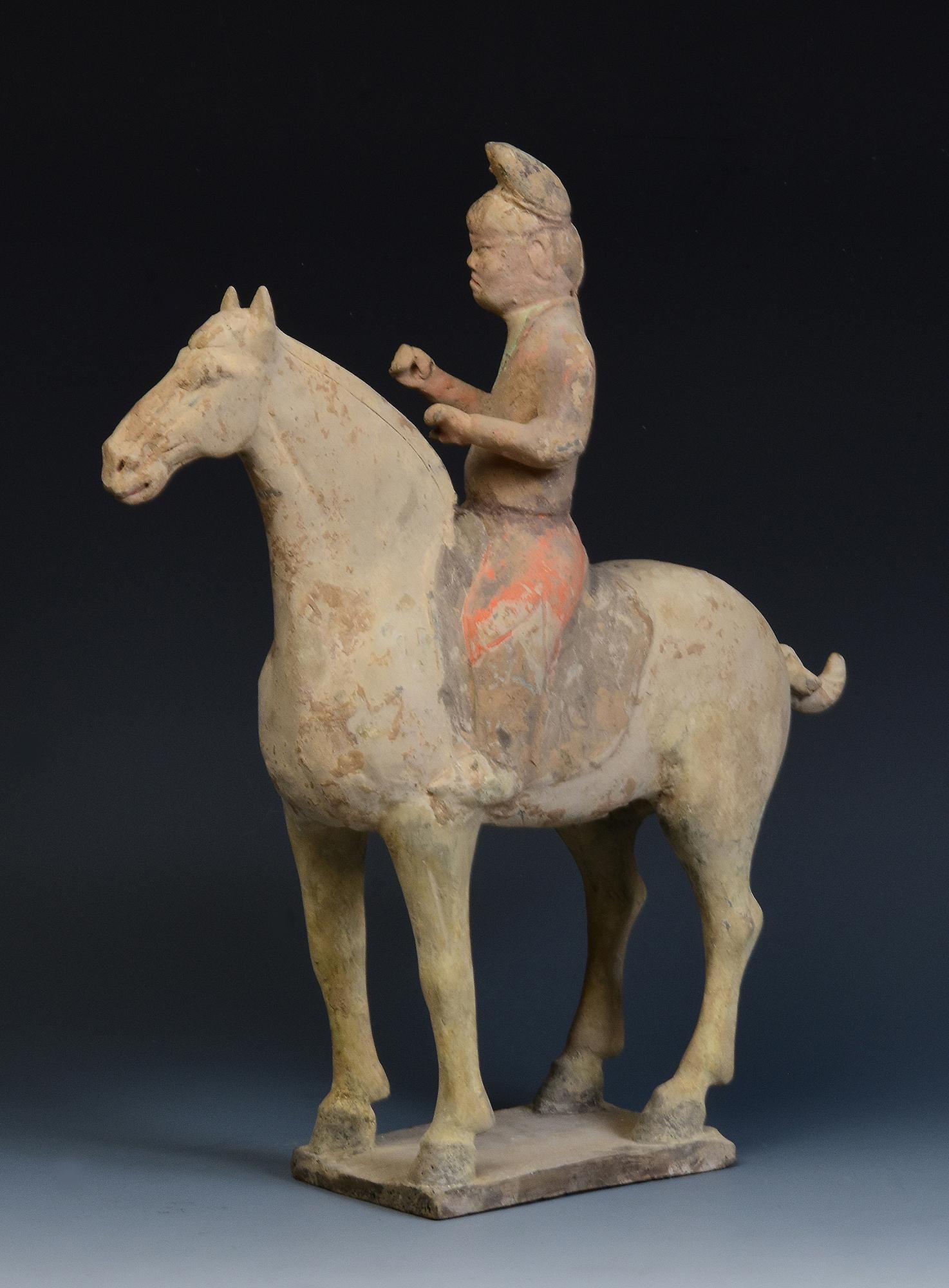 Tang Dynasty, Antique Chinese Painted Pottery Horse and Rider 2