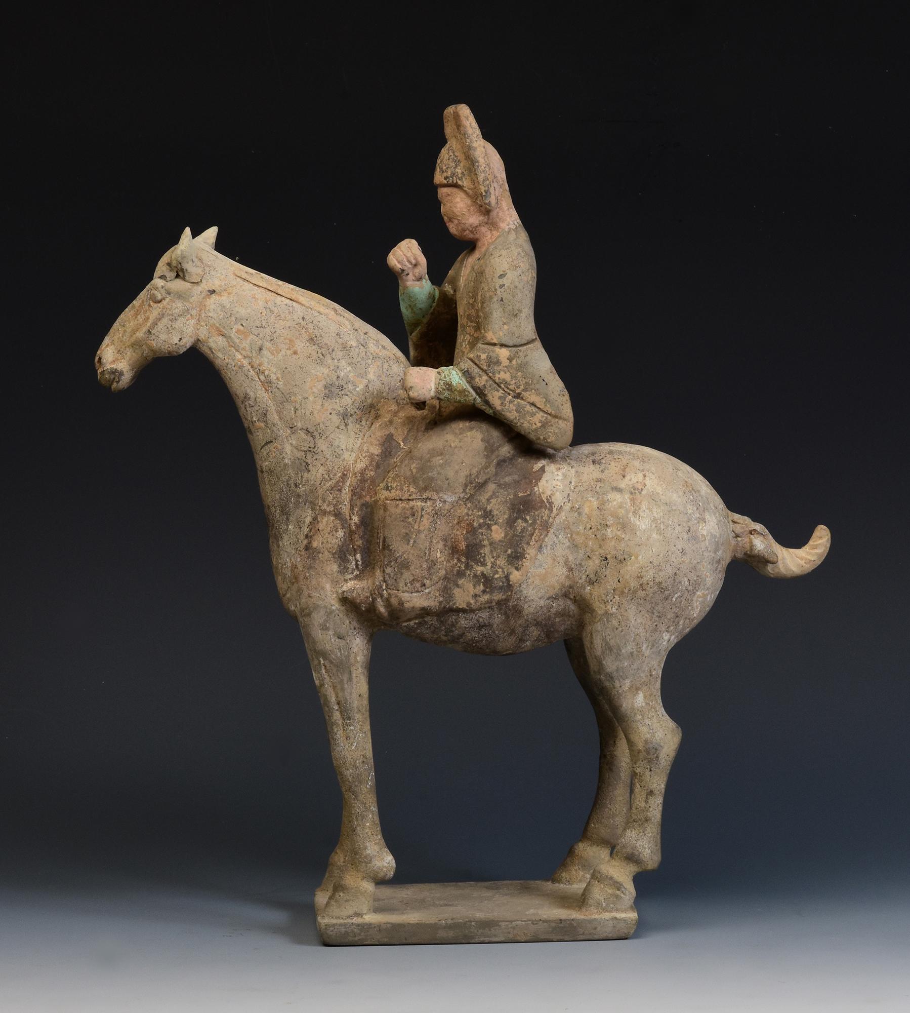 Poteries Dynasty Tang, Antiquités chinoises en poterie peinte Cheval et cavalier