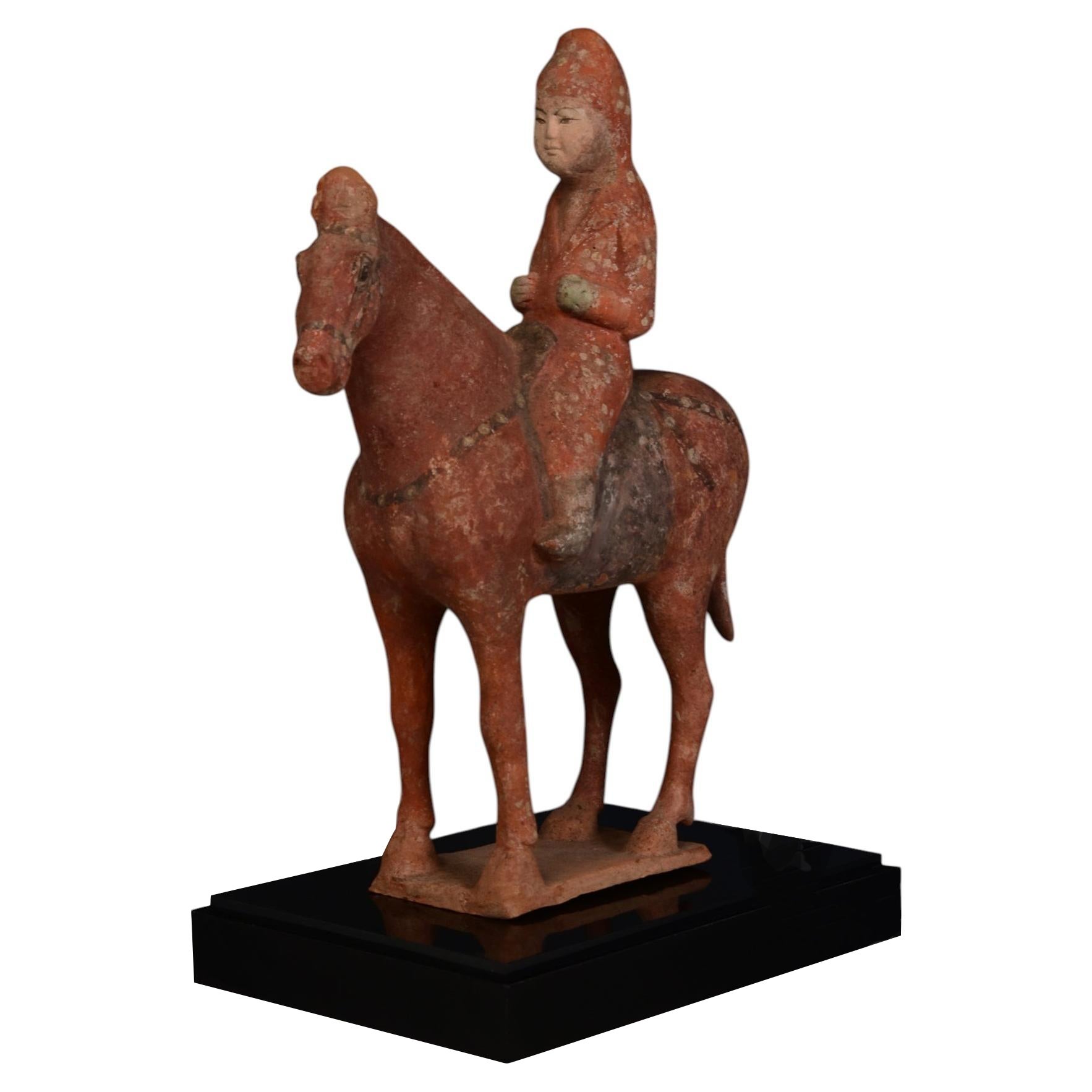 Tang Dynasty, Antique Chinese Painted Pottery Horse and Rider