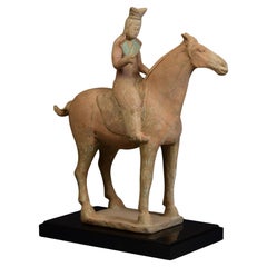 Dynasty Tang, Antiquités chinoises en poterie peinte Cheval et cavalier