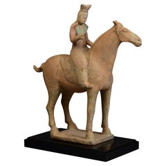 Tang Dynasty, Antique Chinese Painted Pottery Horse and Rider