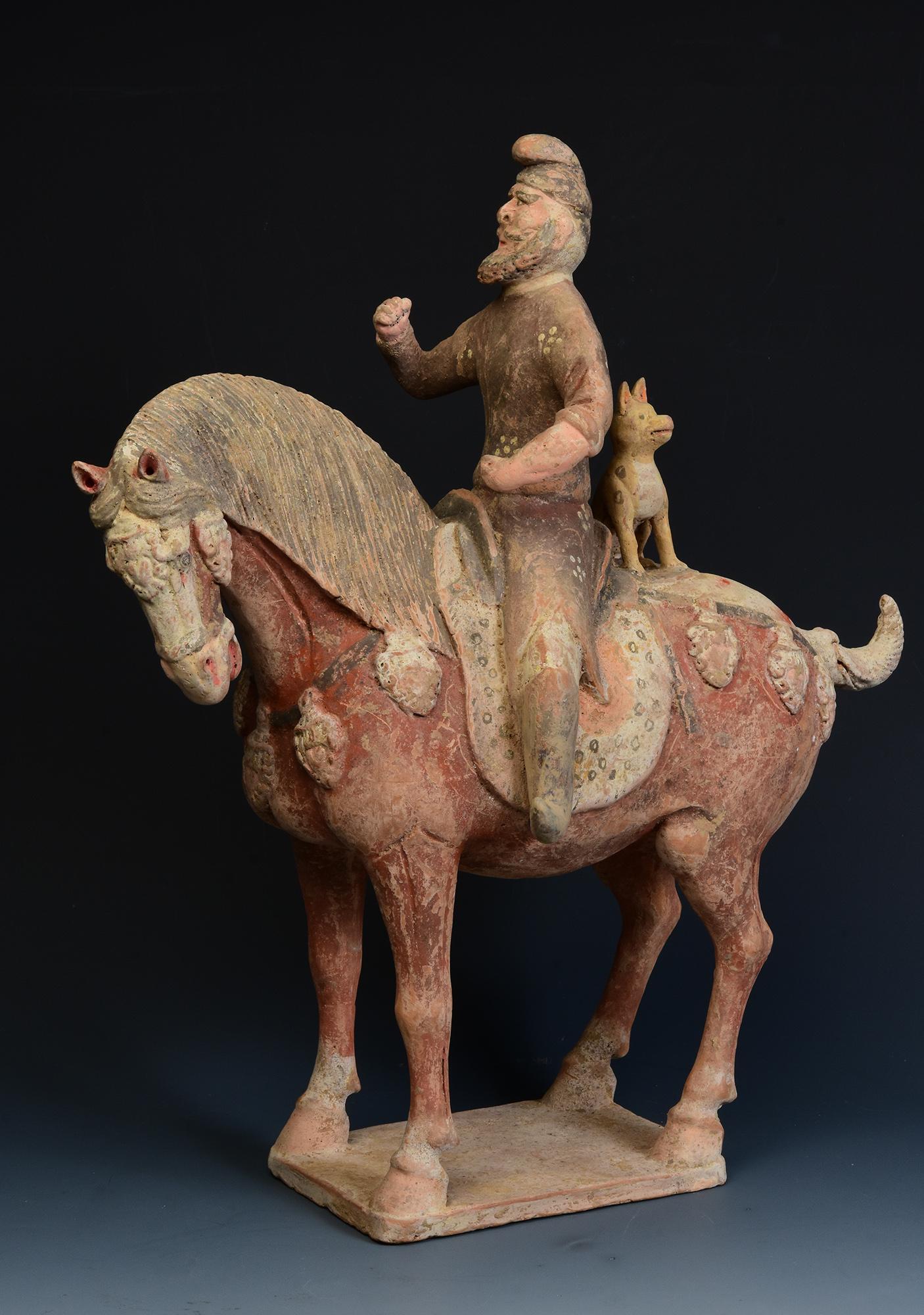 Chinois Dynasty Tang, Antiquités chinoises en poterie peinte Cheval et cavalier avec Oxford TLTest en vente