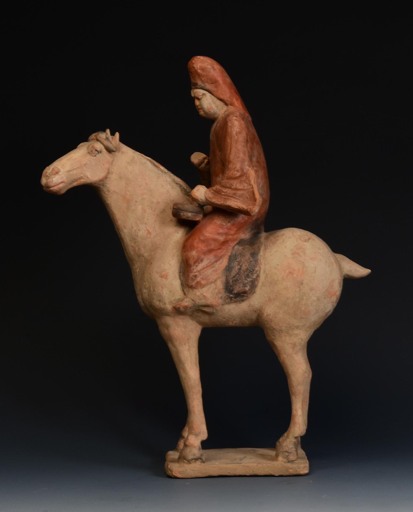 Terracotta Tang Dynasty, antica ceramica cinese dipinta Cavallo e cavaliere con Oxford TLTest in vendita