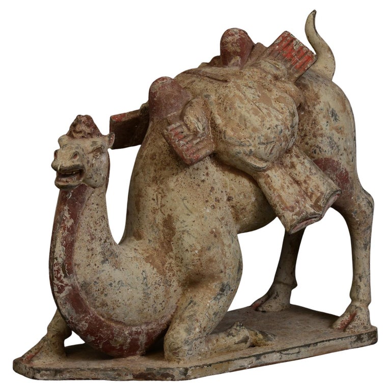 Tang Dynasty, Antique Chinese Painted Pottery Kneeling Camel with Oxford TL  Test For Sale at 1stDibs