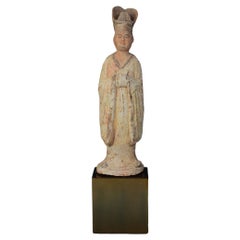 Tang Dynasty, Antique Chinese Painted Pottery Standing Court Man