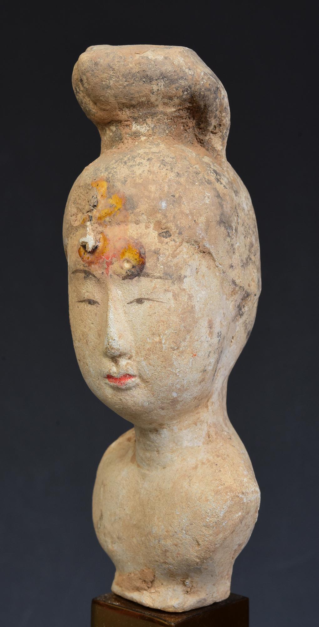 18th Century and Earlier Tang Dynasty, Antique Chinese Painted Pottery Torso of Court Lady with Stand For Sale