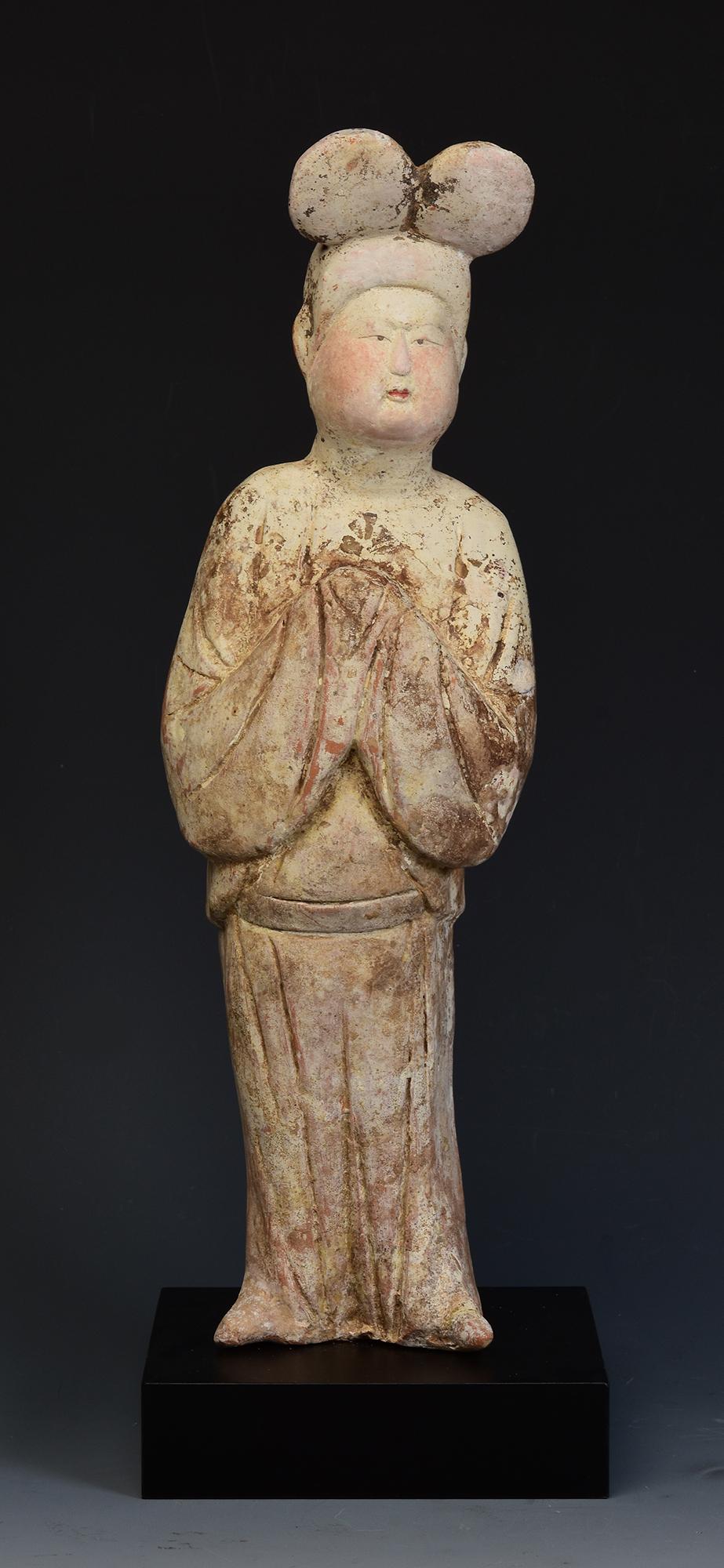 Antique Chinese painted pottery fat lady with original pigments remaining.
Thermoluminescence (TL) test result from Oxford Authentication Ltd. 
is included.

Age: China, Tang Dynasty, A.D. 618 - 907
Size: Height 34 C.M. / Width 10.5 C.M. / Depth 6.5