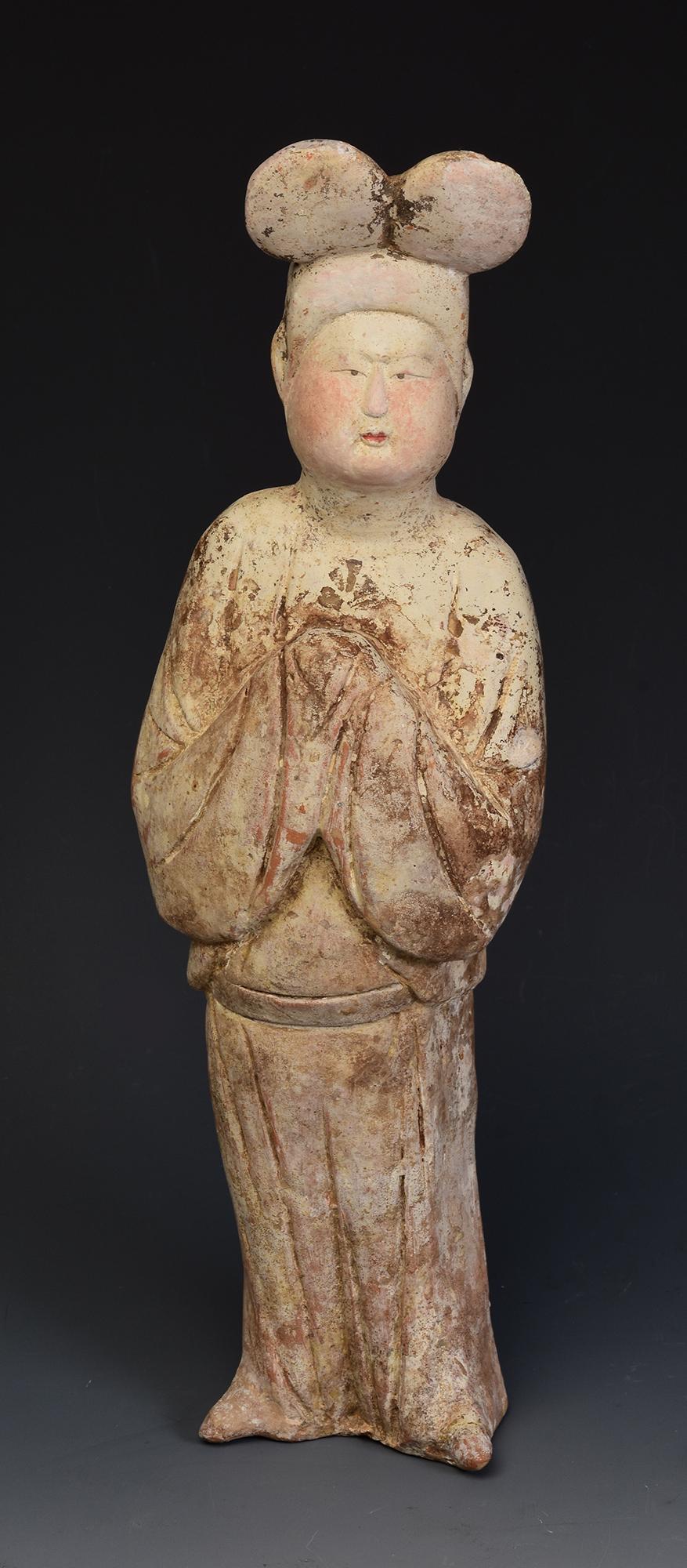 Hand-Carved Tang Dynasty, Antique Chinese Painted Pottery Fat Lady with Oxford TL Test For Sale