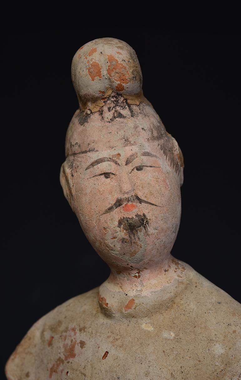 Hand-Carved Tang Dynasty, Antique Chinese Pottery Standing Groom Figurine