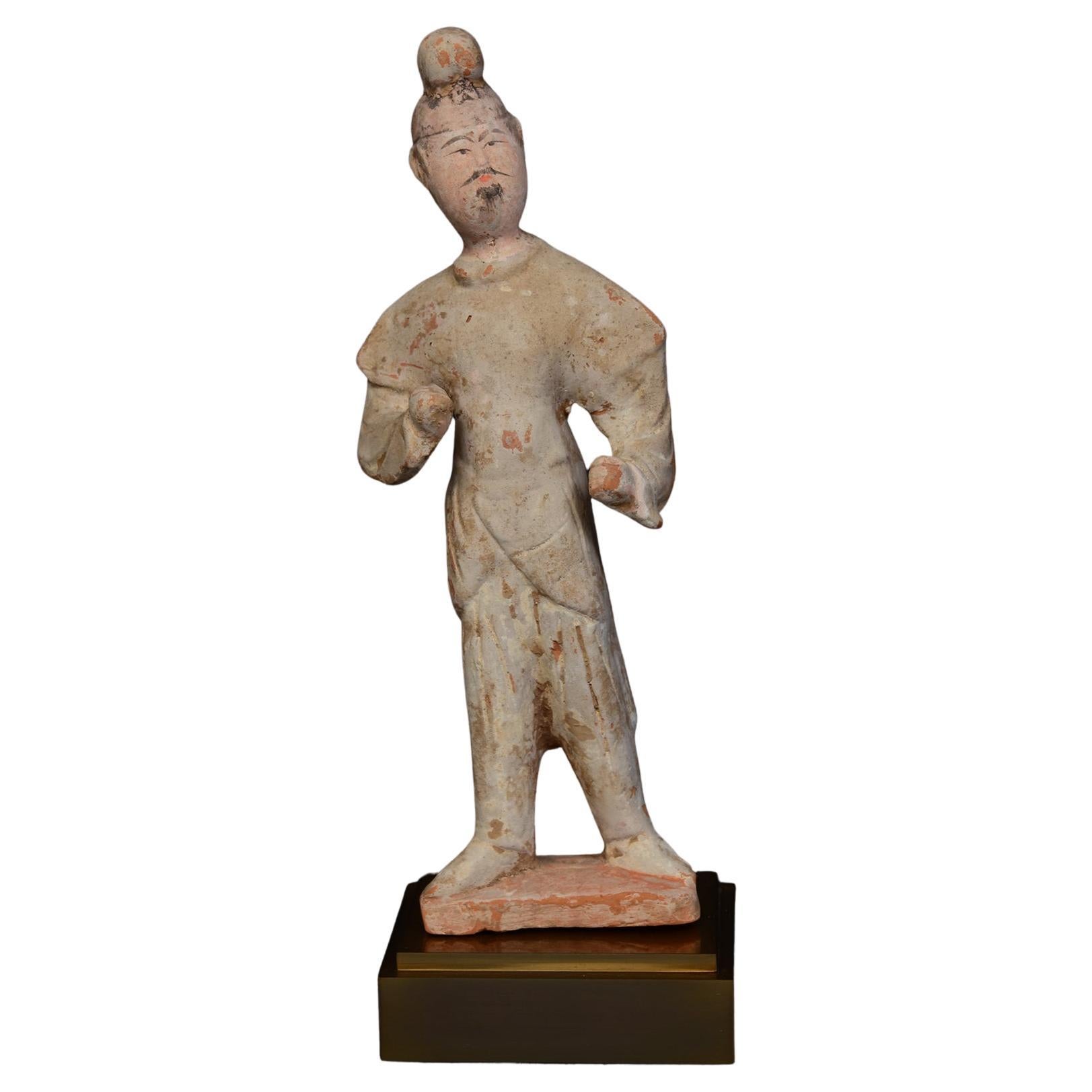 Tang Dynasty, Antique Chinese Pottery Standing Groom Figurine