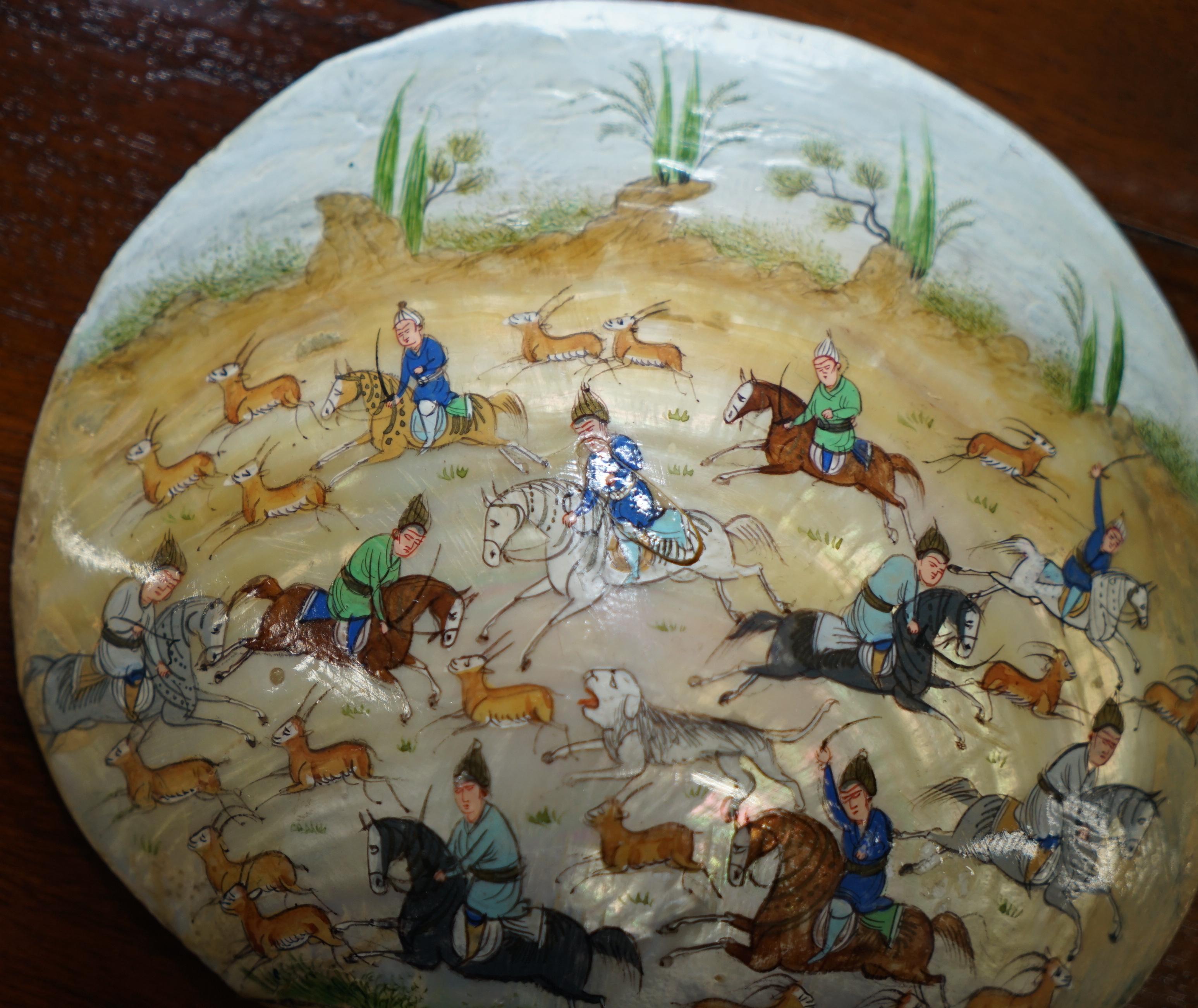 Tang Dynasty Deer Hunting 18th Century Chinese Painted Mother of Pearl Shell 4