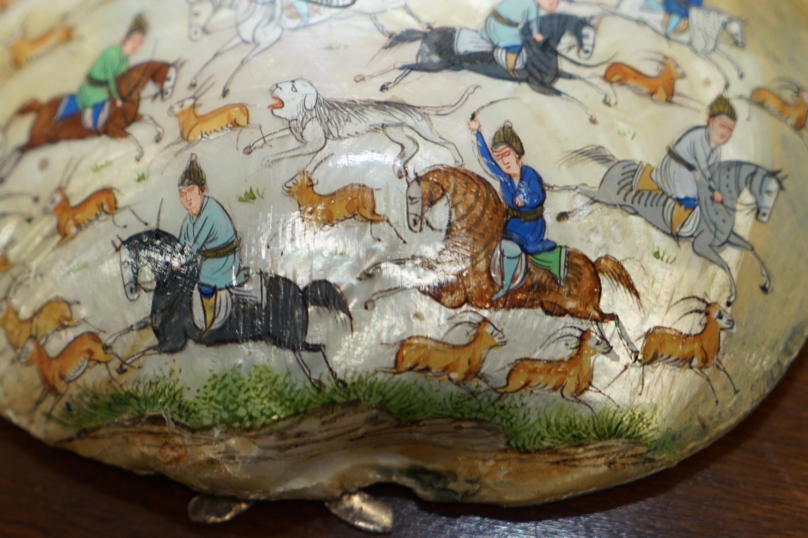 Tang Dynasty Deer Hunting 18th Century Chinese Painted Mother of Pearl Shell 5