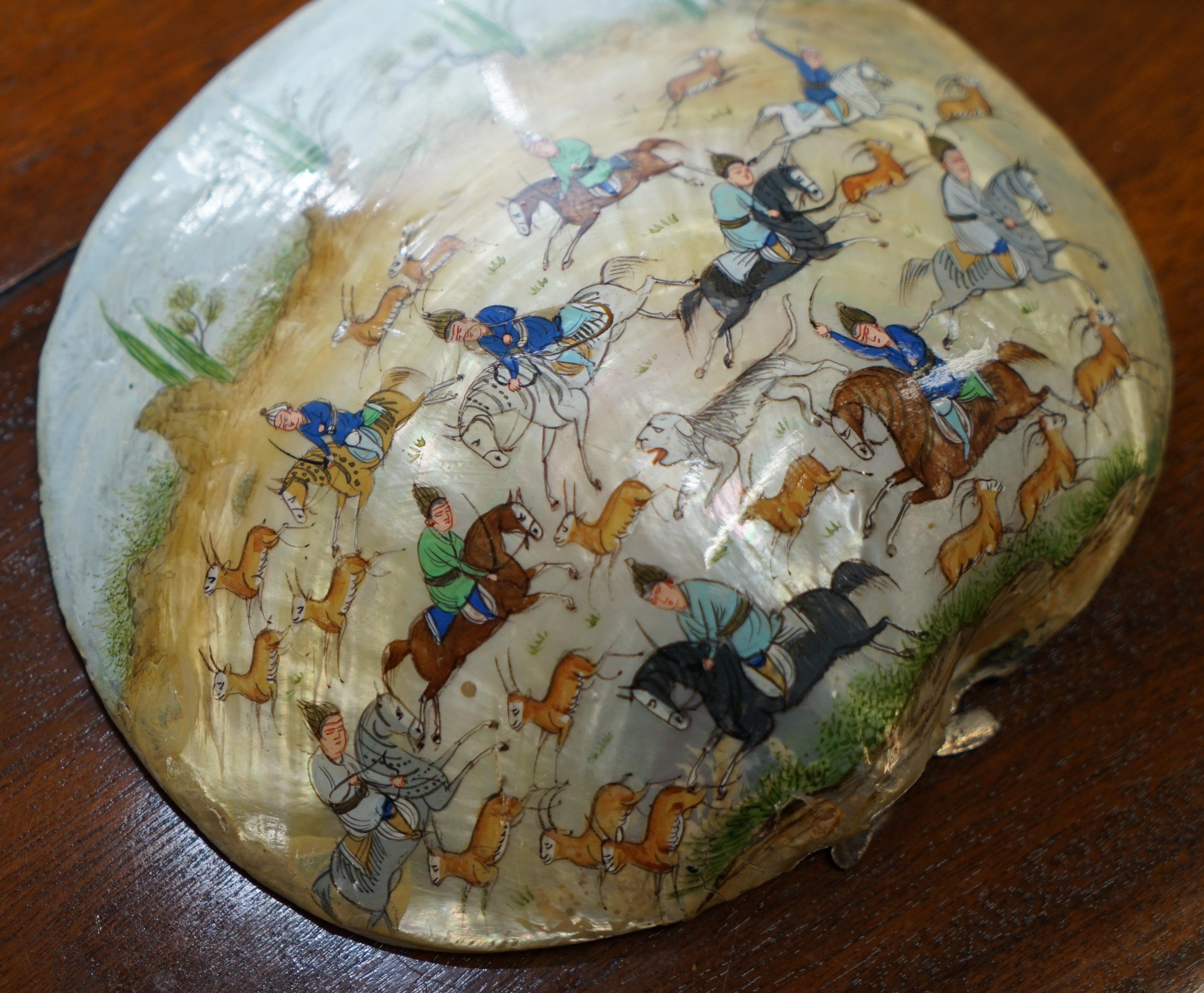 18th Century and Earlier Tang Dynasty Deer Hunting 18th Century Chinese Painted Mother of Pearl Shell